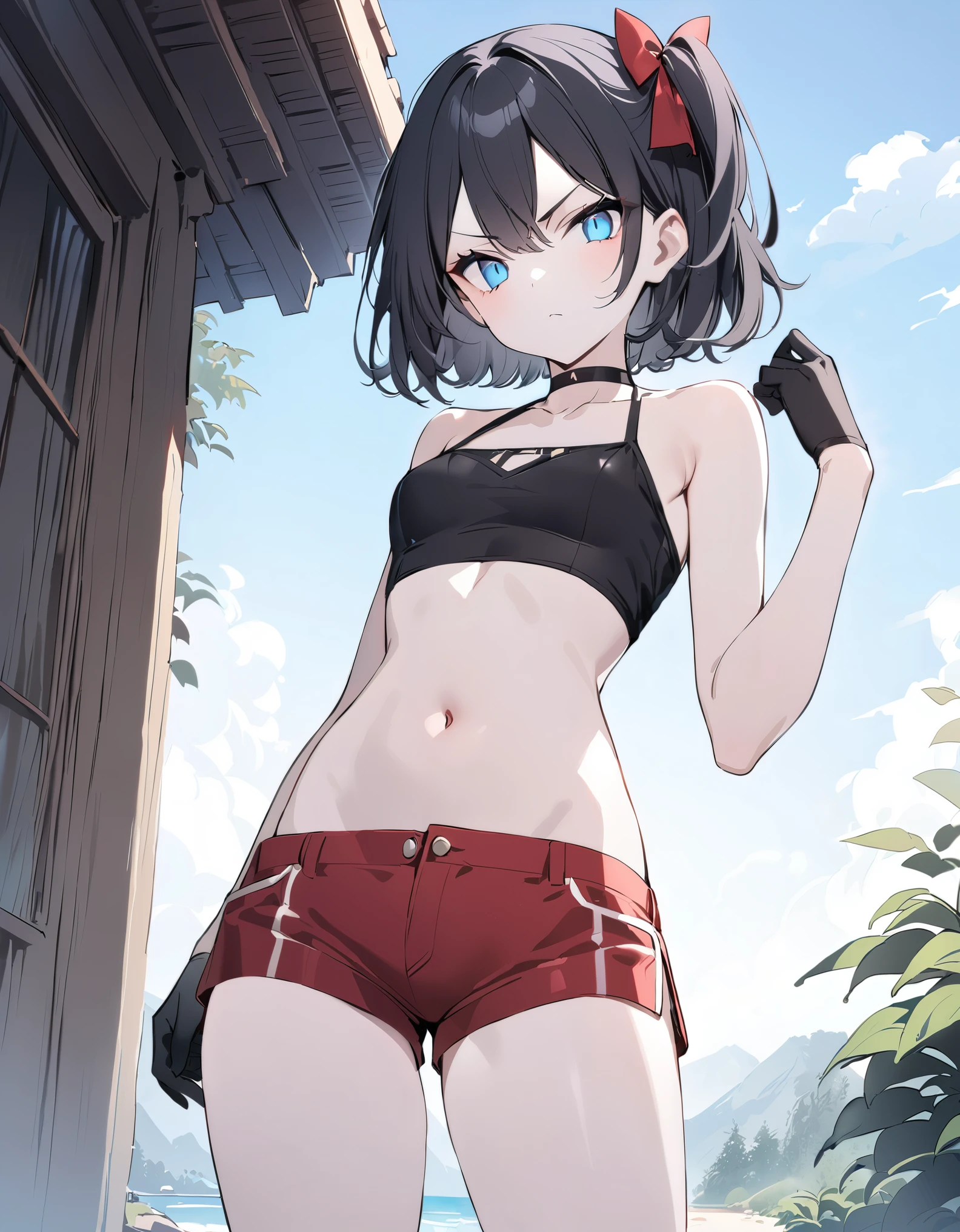 detailed, (masterpiece:1.2), (pale_skin:1.2), (solo:1.2), (female), slender, (glowing_eyes), short hair, blue eyes, black hair, gloves, bow, navel, bare shoulders, closed mouth, standing, collarbone, hair bow, cowboy shot, outdoors, shorts, sleeveless, choker, black gloves, midriff, hand up, stomach, crop top, v-shaped eyebrows, bare arms, short shorts, halterneck, frown, one side up, black choker, single glove, red shorts