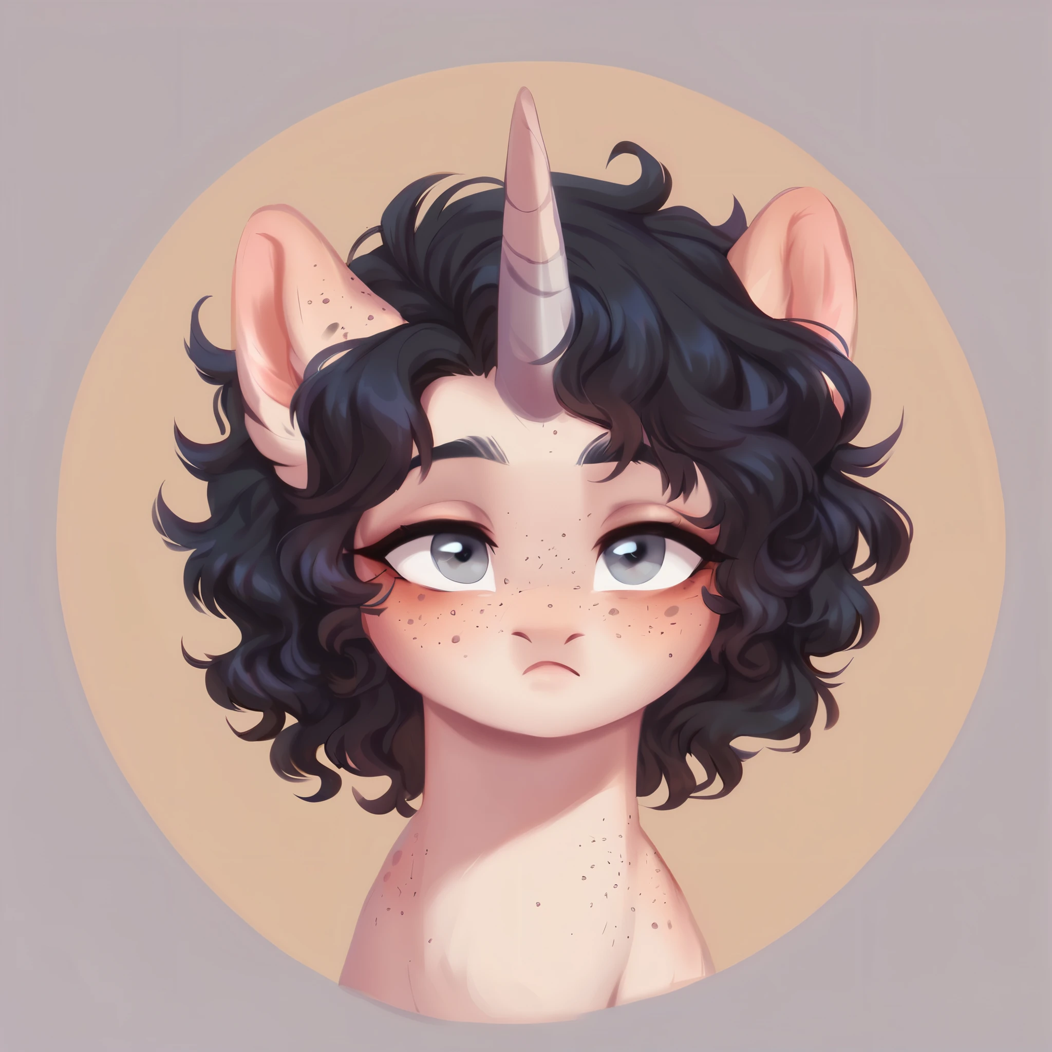 score_9, score_8_up, score_7_up, score_6_up, score_5_up, score_4_up, feral pony, female pony body, show accurate, light white skin, black hair, messy hair, curly hair, wavy hair, short hair, grey eyes, blind eyes, lost look, adorable face, pegasus wings, wings of the same skin color, unicorn horn, horn of the same skin color, horn in the center of the forehead, alicorn, freckles on the body, freckles on the face, full body, simple background, 
