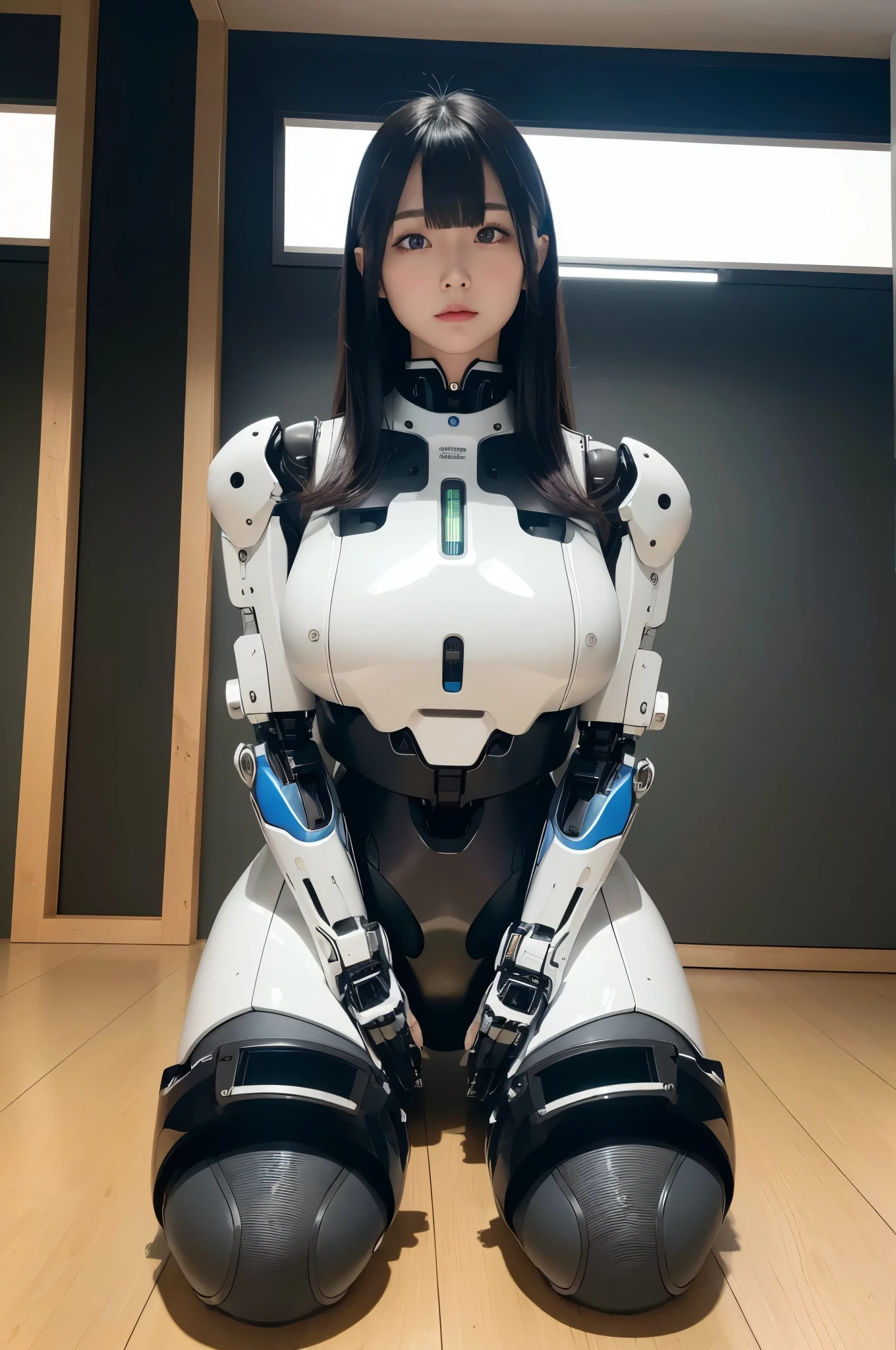 masterpiece, best quality, extremely detailed,8k portrait,Japaese android girl,Plump , control panels,android,Droid,Mechanical Hand, Robot arms and legs, Black hair,Blunt bangs,perfect robot girl,long tube,thick cable connected her neck,japanese cyborg girl ,android assembly plant,connecting a cable between the legs,white robot body,mechanical body,mouton boots,(blue eyes:1.5)