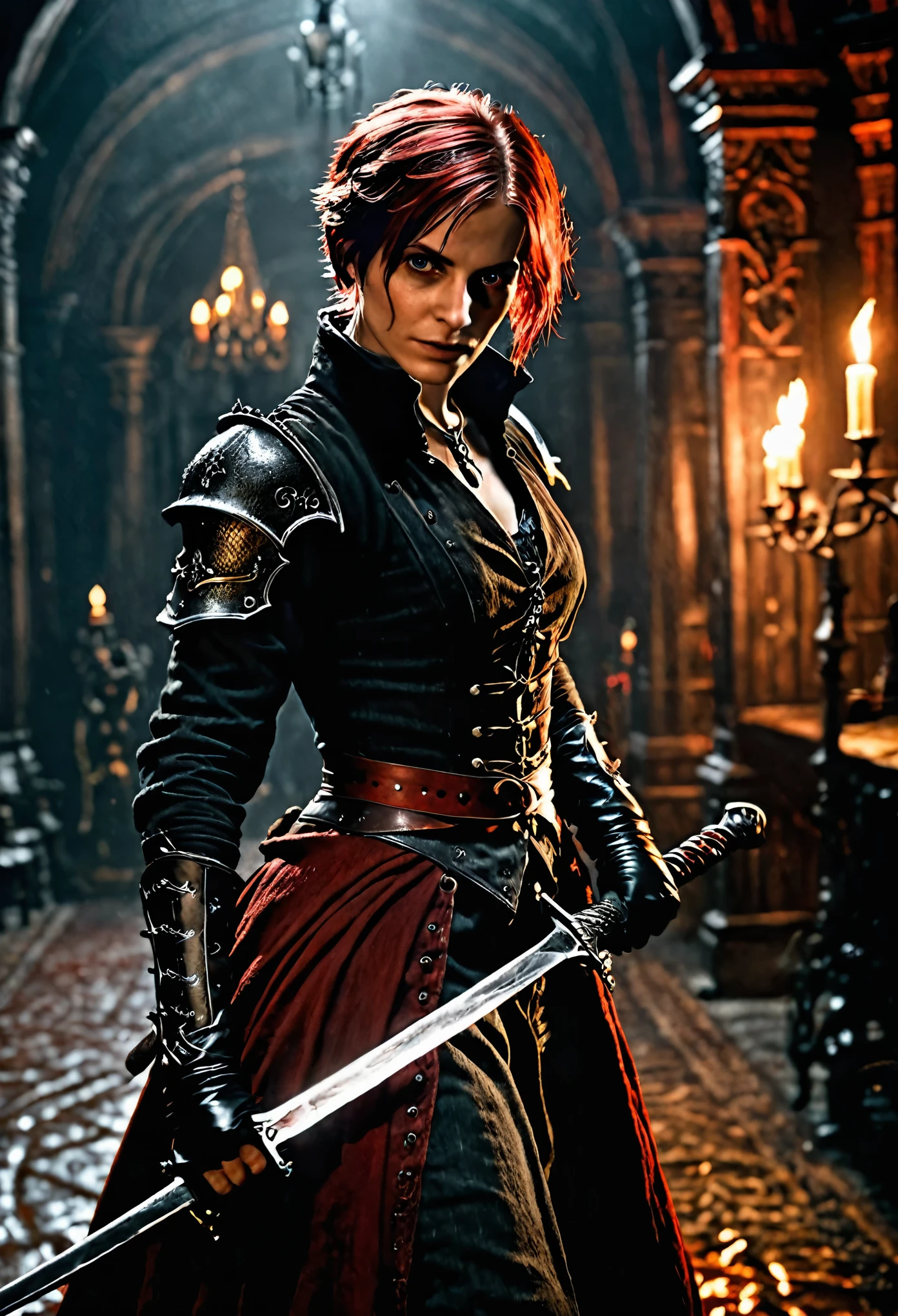 photo shot on Nikon D850, Bloodborne ~ Dark Souls 3 ~ Elden Ring ~ ultra detailed gorgeous woman with short black-red colored hair, extremely sexy, dancing with a sword, in a world of black and red, dark gloomy antique atmosphere, cinematic, blushing, teasing, Alluring. highly stylized. depth of field, bokeh effect, backlit, stylish, elegant, breathtaking, visually rich, masterpiece, full body shot.