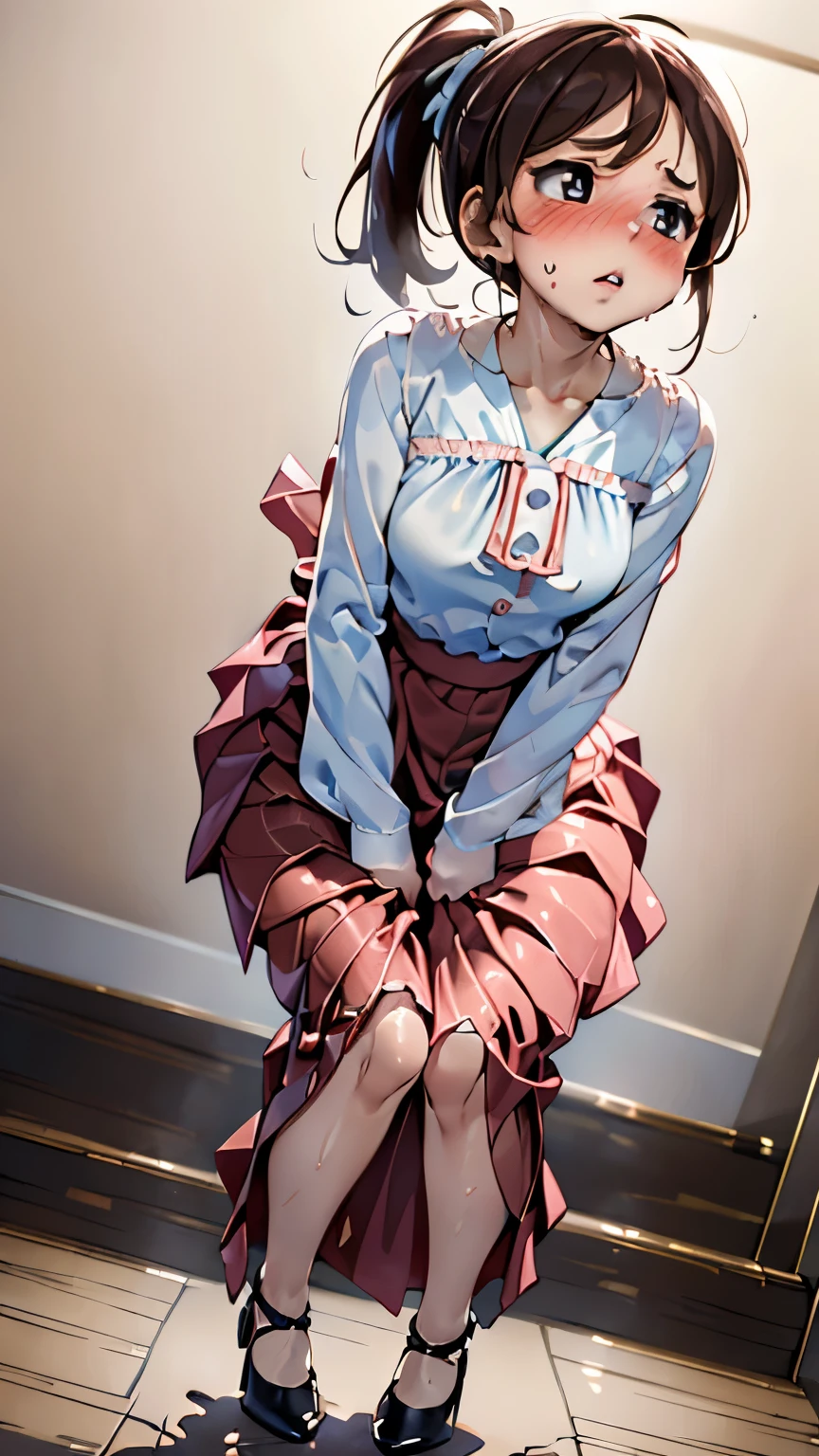 (ultra-detailed, best quality, detailed face, anatomically perfect body), (parted lips:1.6), shiny skin, (1 girl), dwarf, medium, (have to pee, very desperate to pee, have to pee:1.2), took in restroom, standing, (smock blouse:1.3), (long skirt:1.5), (heels, low ponytail:1.3), (have to pee:1.4), (knees together and feet apart:1.1), (Rub each other's thighs:1.3), (one hand between legs), (leaning forward), (rubbing crotch:1.5), (girl can't stand up straight), (constricted pupils:1.2), (sad:1.4), (blush:1.8), (embarrassment:1.7), flowing sweat, (breathless:1.5), (looking up:1.6), (full body:1.2), (top of stairs:1.2), (from below:1.2), (from side)