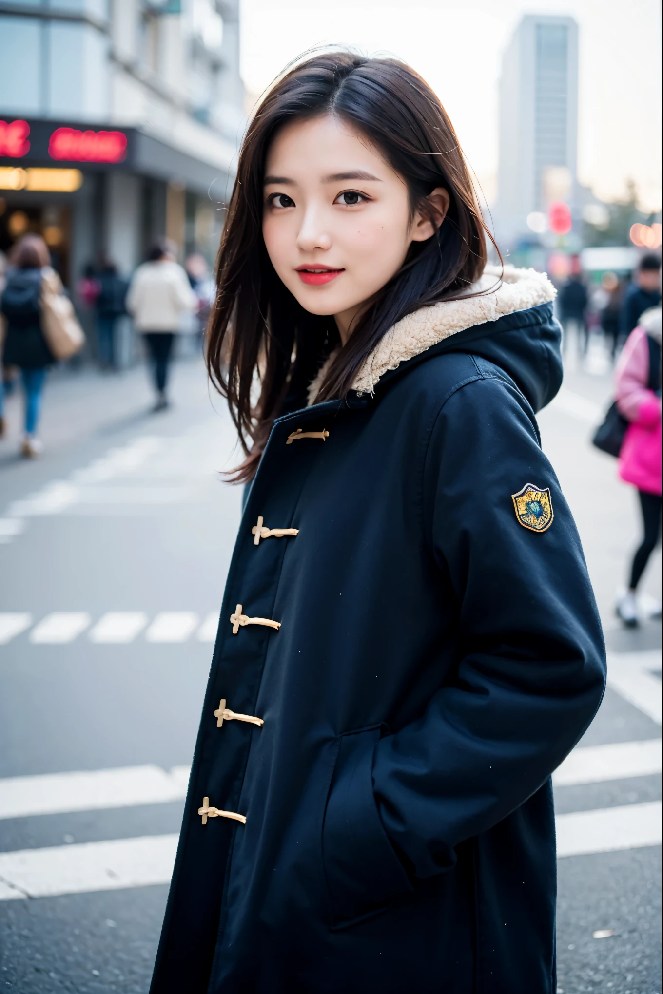 (masterpiece, highest quality, beautiful girl, cute face:1.2), (Eyebrows and smiles when you are in trouble, upward glance:1.2), 8K, official art, Raw photo, disorganized, Wear warm clothes to go out on the town in the cold season, view audience, thin, , face light, film grain, chromatic aberration, sharp focus, dynamic lighting, cinematic lighting, dark blue duffel coat, background is blurry, upper body photo