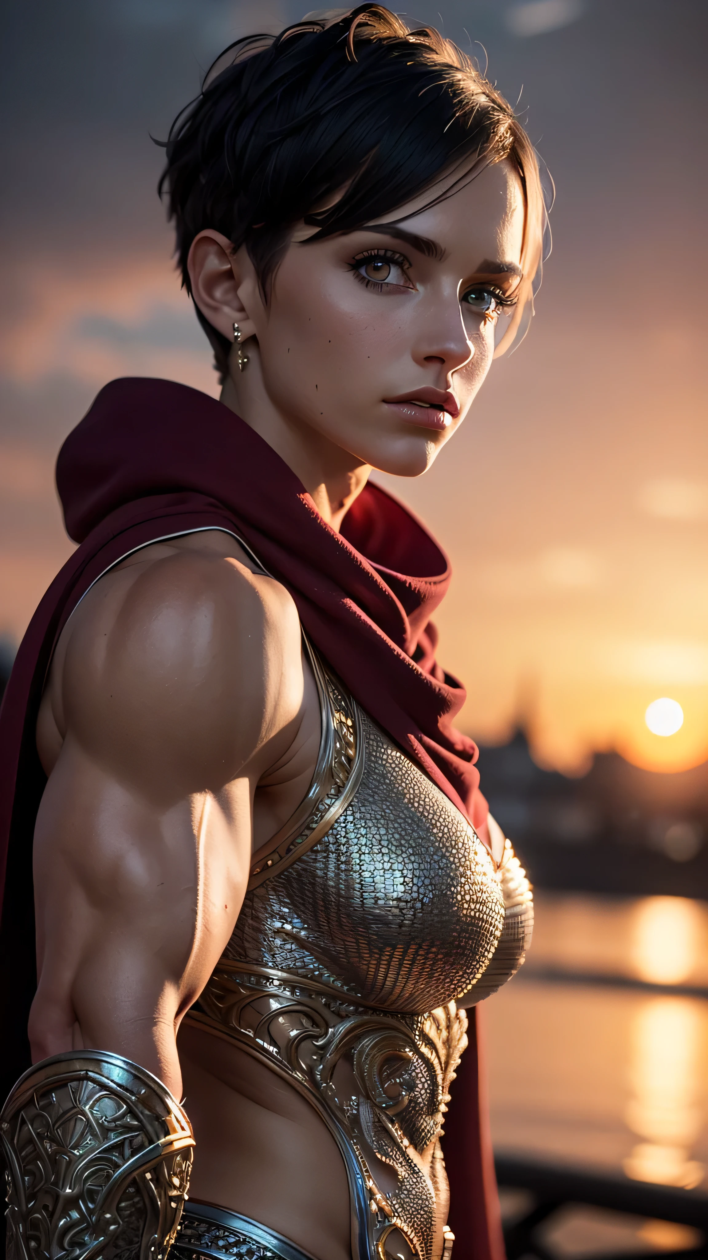 (masterpiece), (extremely intricate:1.3), (realistic), portrait of a ((muscular bodybuilder)) girl, (medieval armor), metal reflections, upper body, outdoors, intense sunlight, far away castle, professional photograph of a stunning woman detailed, (short undercut dark shaved hair, dynamic pose), sharp focus, dramatic, award winning, cinematic lighting, volumetrics dtx, (film grain, blurry background, blurry foreground, bokeh, depth of field, sunset, interaction, maroon Perfectchainmail, cape), 8K