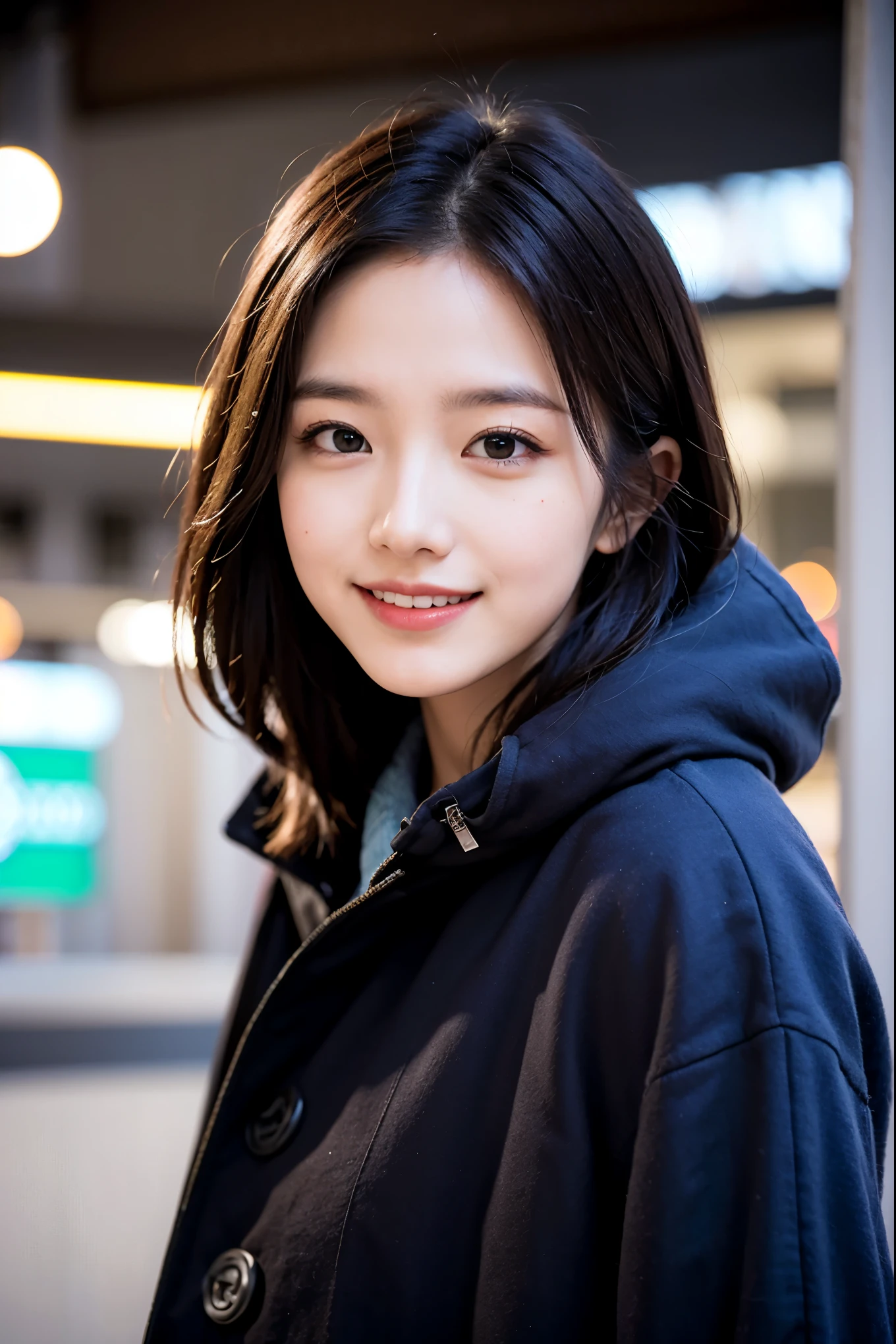 (masterpiece, highest quality, beautiful girl, cute face:1.2), (Eyebrows and smiles when you are in trouble, upward glance:1.2), 8K, official art, Raw photo, disorganized, Wear warm clothes to go out on the town in the cold season, view audience, thin, , face light, film grain, chromatic aberration, sharp focus, dynamic lighting, cinematic lighting, dark blue duffel coat, background is blurry, upper body photo