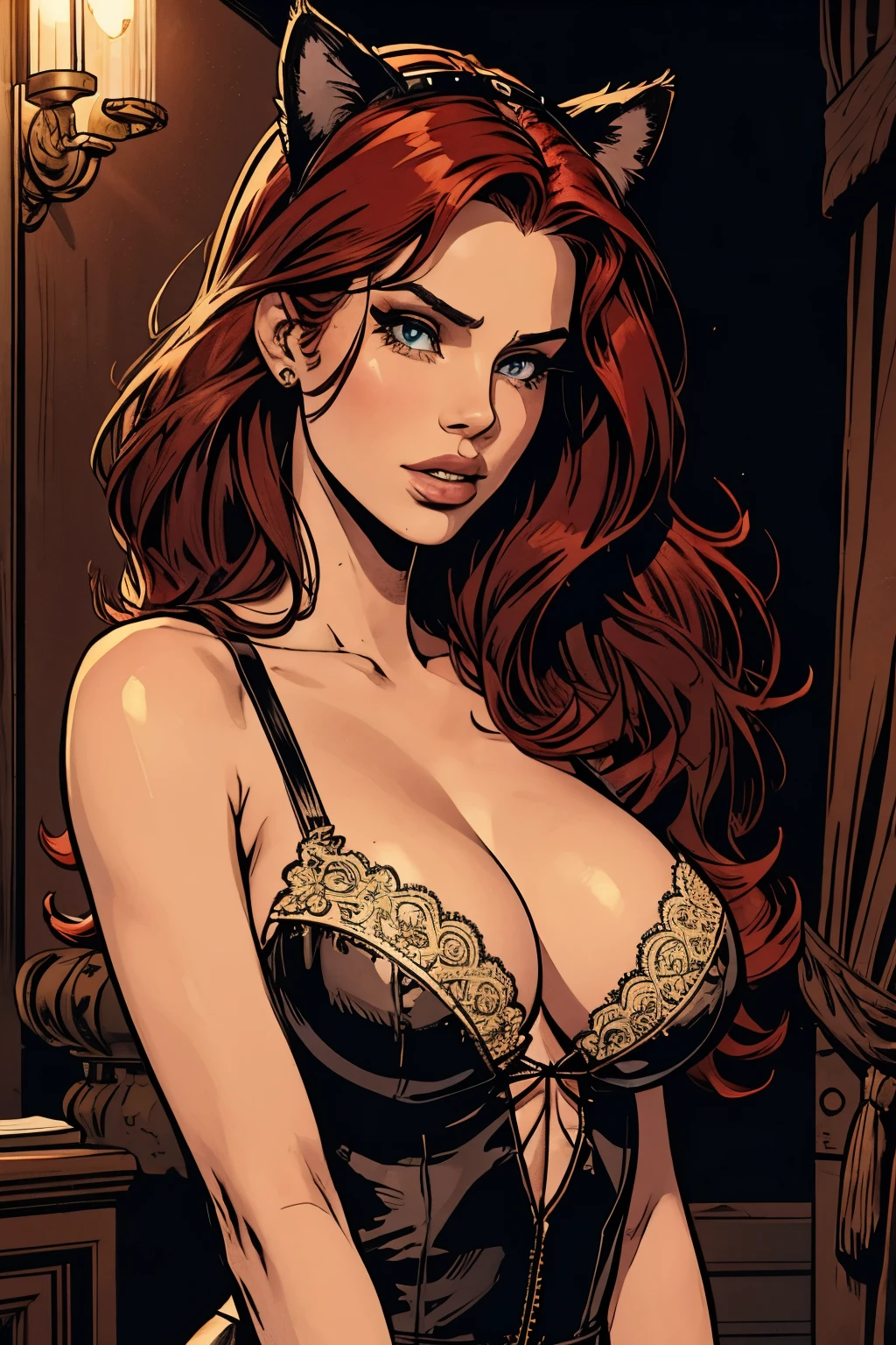 highly detailed, seductive erotic Lana Del Rey with lace cat ears, crying, (busty, red hair), centered on the face, face focused, intricate eyes,