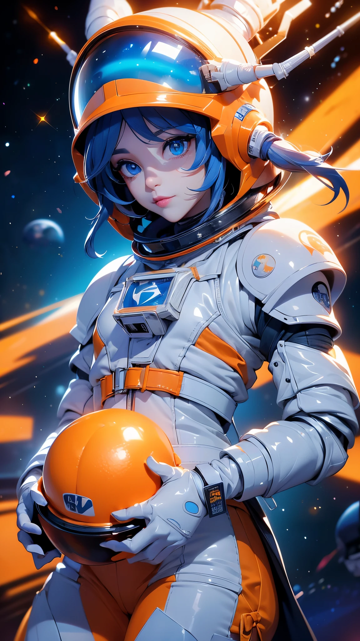 anime - image of a woman in a spacesuit, holding a mushroom in anime style., portrait anime space cadet girl, Moon-themed outfit, portrait armored astronaut girl, Cosmic Molly, in a space cadet outfit, Portrait of a hedgehog-astronaut, Joint-Stock Company "artgerm", trending on cgstation, artgerm julie bell beeple, with a space suit on, Queen of the Galaxy