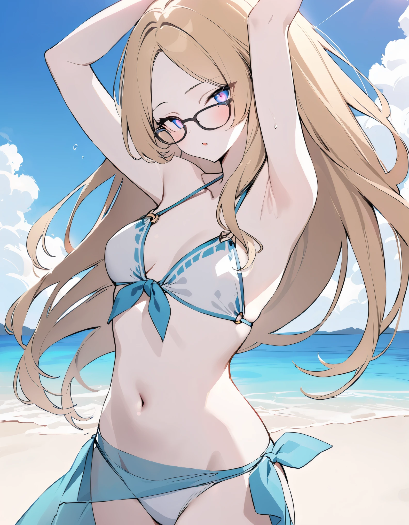 detailed, (masterpiece:1.2), (pale_skin:1.2), (solo:1.2), (female), slender, (glowing_eyes), long hair, open mouth, blonde hair, navel, very long hair, standing, swimsuit, bikini, cowboy shot, outdoors, parted lips, sky, glasses, cloud, armpits, stomach, mole, arms up, blue sky, parted bangs, side-tie bikini bottom, ocean, halterneck, white bikini, beach, o-ring, black-framed eyewear, sarong