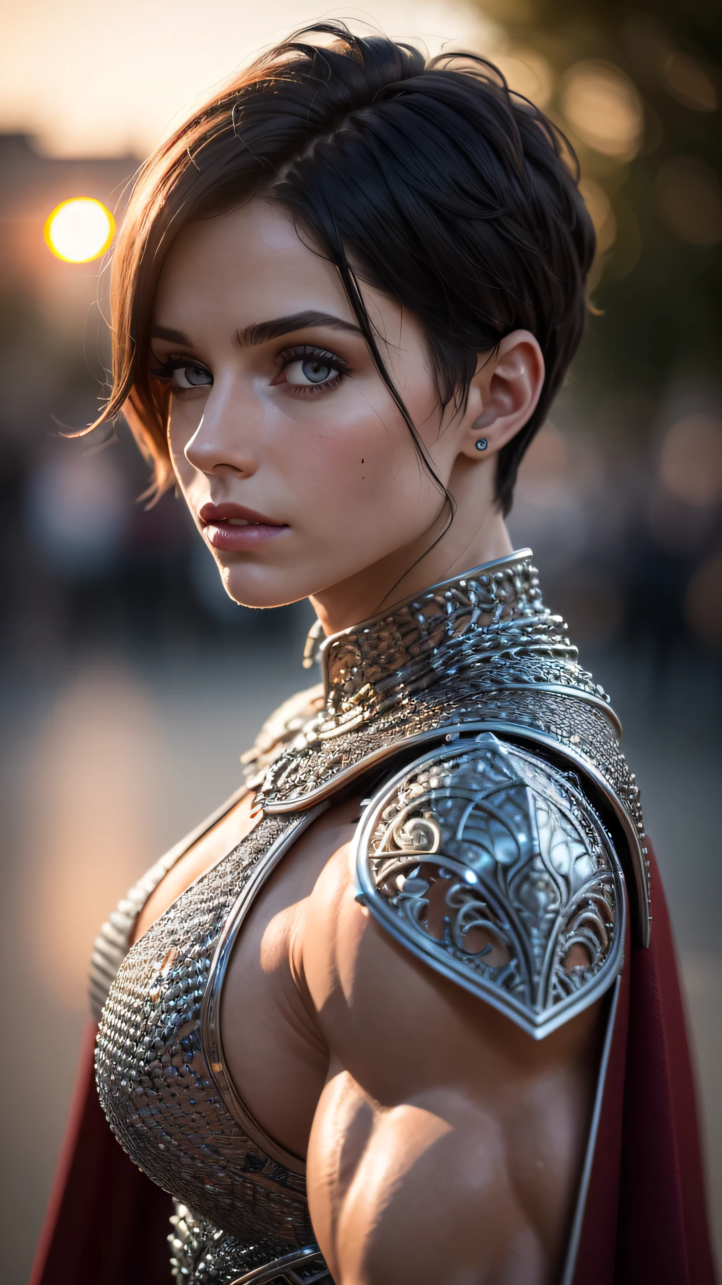 (masterpiece), (extremely intricate:1.3), (realistic), portrait of a ((muscular bodybuilder)) girl, (medieval armor), metal reflections, upper body, outdoors, intense sunlight, far away castle, professional photograph of a stunning woman detailed, (short undercut dark shaved hair, dynamic pose), sharp focus, dramatic, award winning, cinematic lighting, volumetrics dtx, (film grain, blurry background, blurry foreground, bokeh, depth of field, sunset, interaction, maroon Perfectchainmail, cape), 8K