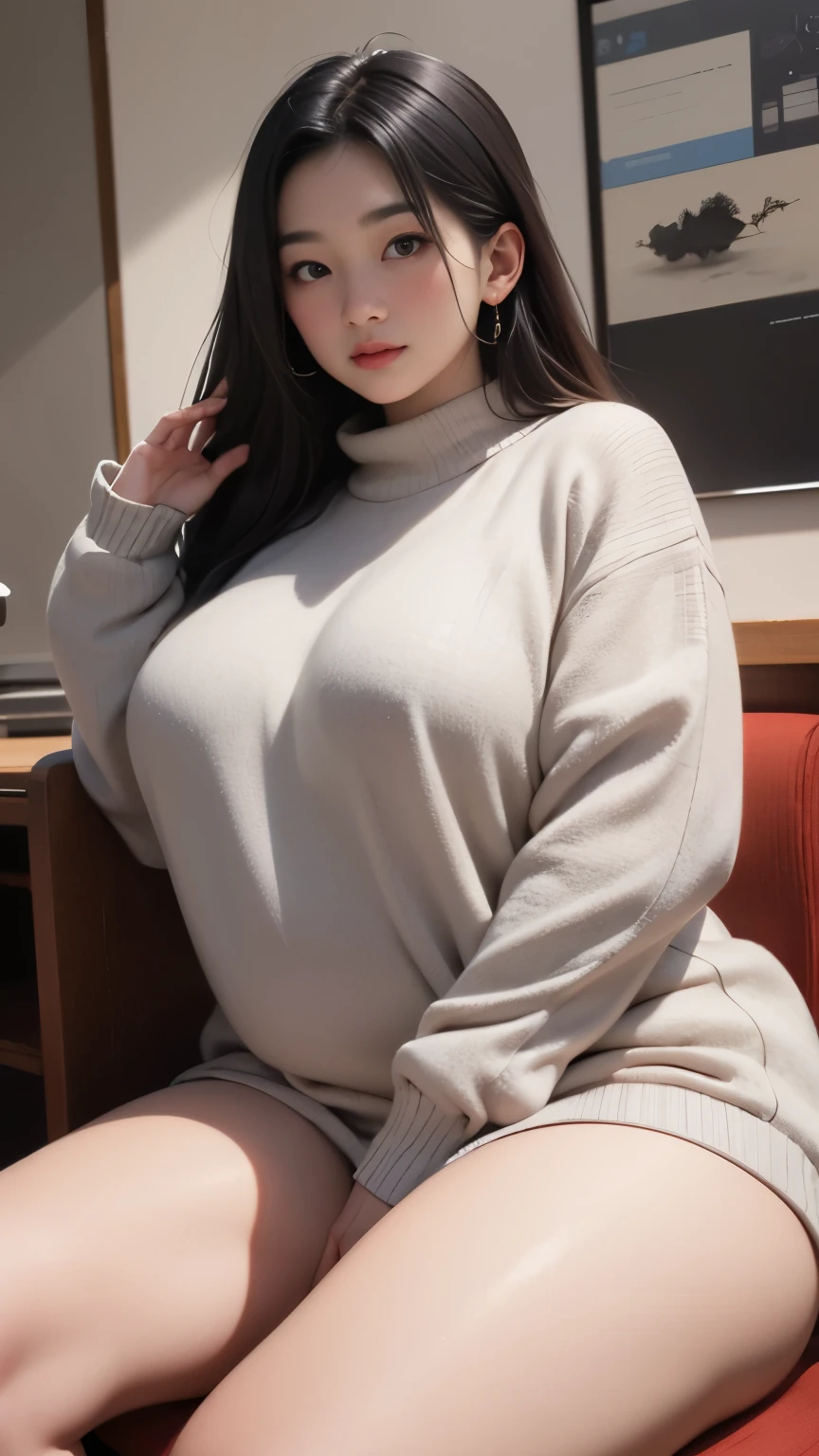 (Best quality,8k,ultra high res:1.2),(Pretty european Japanese girl),(Huge breasts:0.8),(sweater), (thick thighs:0.9), (obese body)