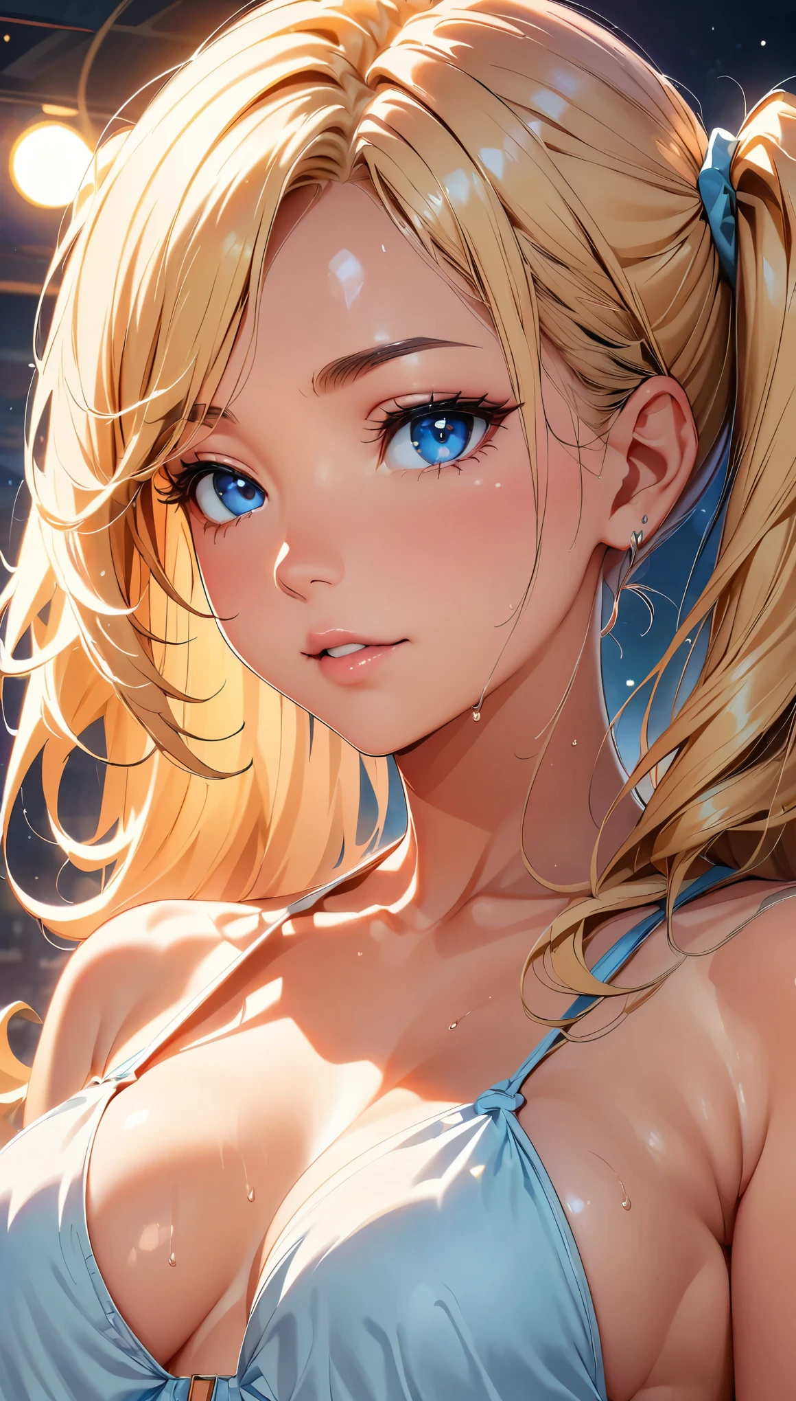 concept:beautiful woman portrait。 quality:NSFW, (最高quality, 4k, High resolution, masterpiece:1.2), Super detailed, (anime style, photorealistic:1.37), lighting effects:cinematic light, Bright colors and mesmerizing effects, soft and delicate illumination, gentle shine, Lens flare, The whole scene has a beautiful and gentle atmosphere., Subject information:alone, ((young woman)), (round eyes), (small face), (high detail skin:1.2), long eyelashes, glossy lips, (blonde, twin tails, blue eyes), (slim body shape), Highly detailed face and skin texture, (Joyful), (sexy bikini), droopy eyes, On your back, crotch opening, spread your legs, wet body, seductive thighs, Other details:Poolside:1.5, On my back:1.2, beautiful skin, shiny skin, perfect fingers, five fingers, anatomically correct, background bokeh, 300㎜, f/4, photo shoot,
