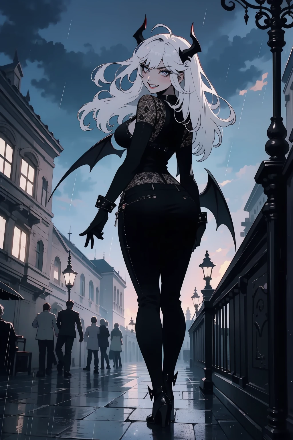 (outside, scary castle, raining, evening, soft light, dim lit, moody vibe, horror \(theme\), ), (insanely detailed, beautiful detailed face, masterpiece, best quality), 1girl, succubus, demon girl, mature female, black hair, pink eyes, grin, smirk, demon horns, black tail, black demon wings, whole body, walking on the ground, backwards, looking back