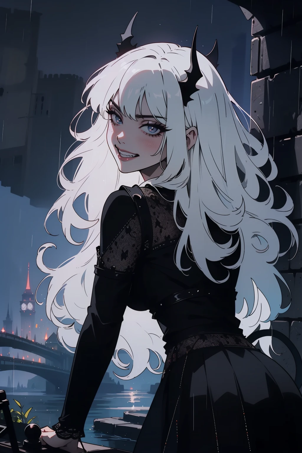 (outside, scary castle, raining, evening, soft light, dim lit, moody vibe, horror \(theme\), ), (insanely detailed, beautiful detailed face, masterpiece, best quality), 1girl, succubus, demon girl, mature female, black hair, pink eyes, grin, smirk, demon horns, black tail, black demon wings, whole body, walking on the ground, backwards, looking back