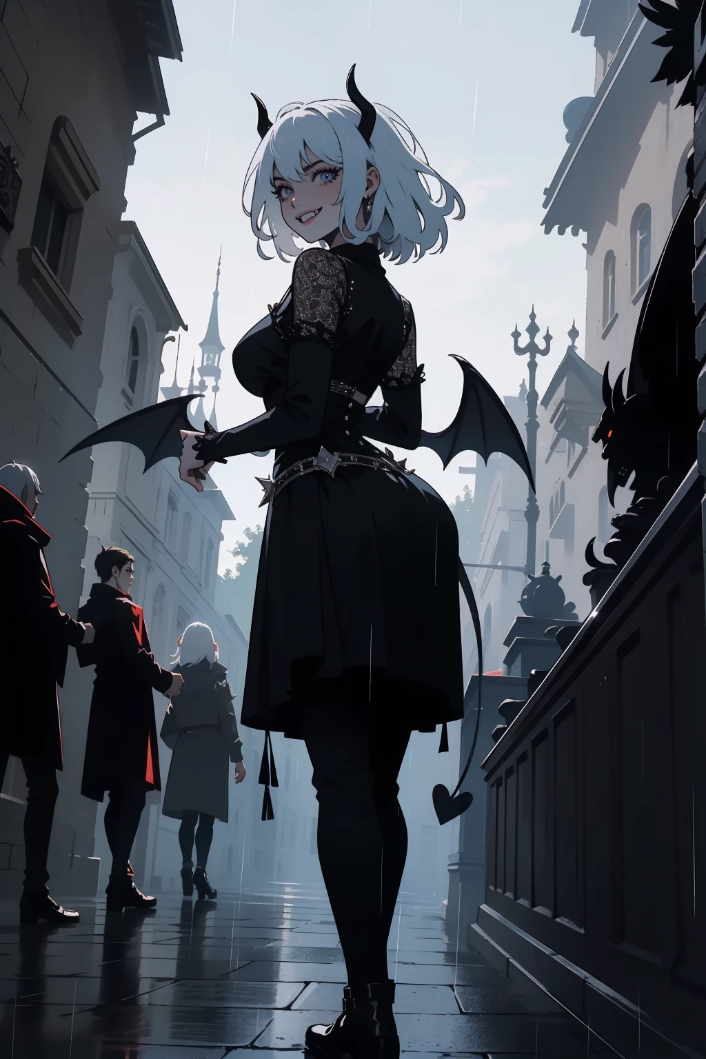 (outside, scary castle, raining, evening, soft light, dim lit, moody vibe, horror \(theme\), ), (insanely detailed, beautiful detailed face, masterpiece, best quality), 1girl, succubus, demon girl, mature female, white hair, pink eyes, grin, smirk, demon horns, black tail, black demon wings, whole body, walking on the ground, backwards, looking back