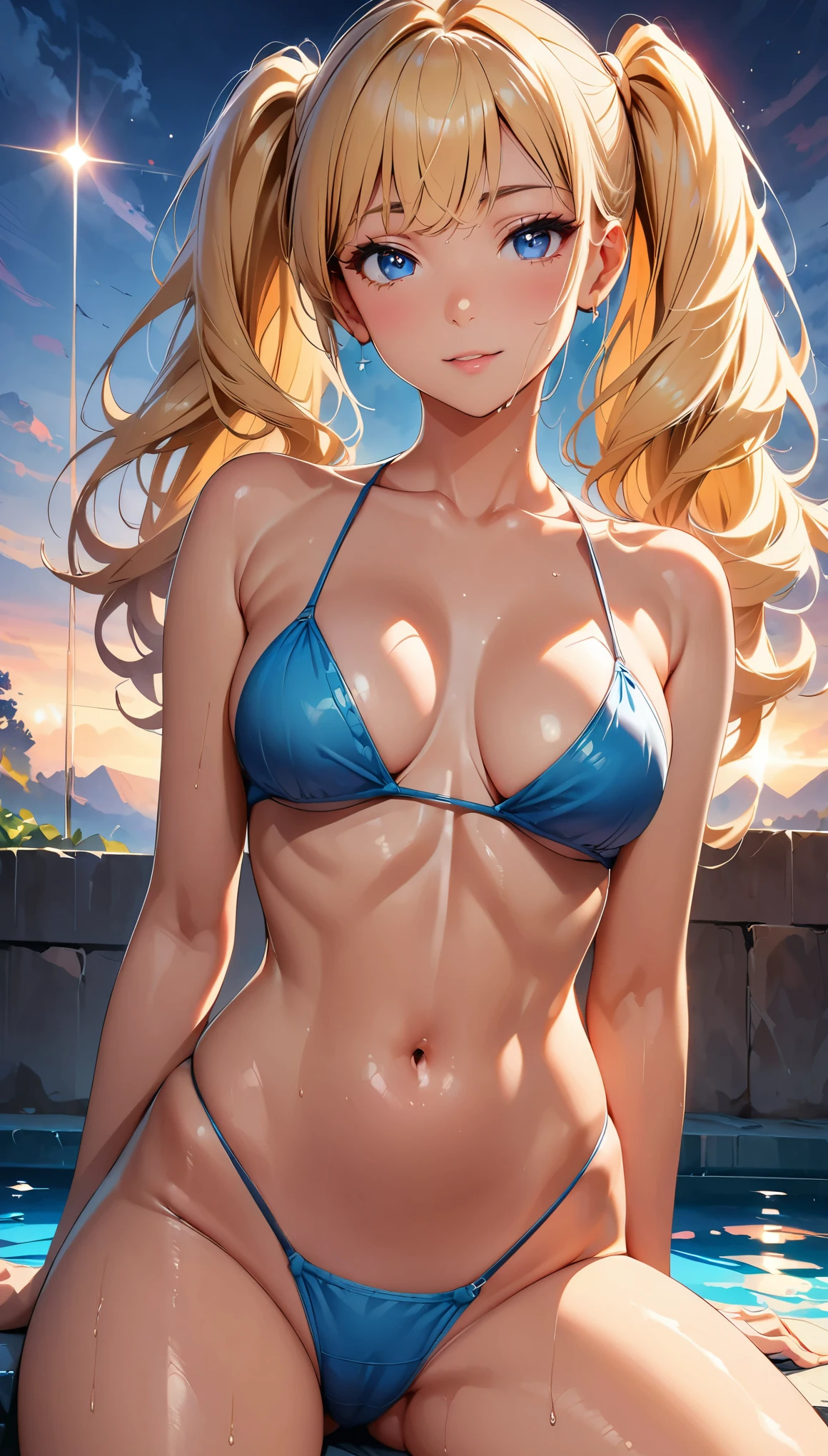 concept:beautiful woman portrait。 quality:NSFW, (最高quality, 4k, High resolution, masterpiece:1.2), Super detailed, (anime style, photorealistic:1.37), lighting effects:cinematic light, Bright colors and mesmerizing effects, soft and delicate illumination, gentle shine, Lens flare, The whole scene has a beautiful and gentle atmosphere., Subject information:alone, ((young woman)), (round eyes), (small face), (high detail skin:1.2), long eyelashes, glossy lips, (blonde, twin tails, blue eyes), (slim body shape), Highly detailed face and skin texture, (Joyful), (sexy bikini), droopy eyes, On your back, crotch opening, spread your legs, wet body, seductive thighs, Other details:Poolside:1.5, On my back:1.2, beautiful skin, shiny skin, perfect fingers, five fingers, anatomically correct, background bokeh, 300㎜, f/4, photo shoot,