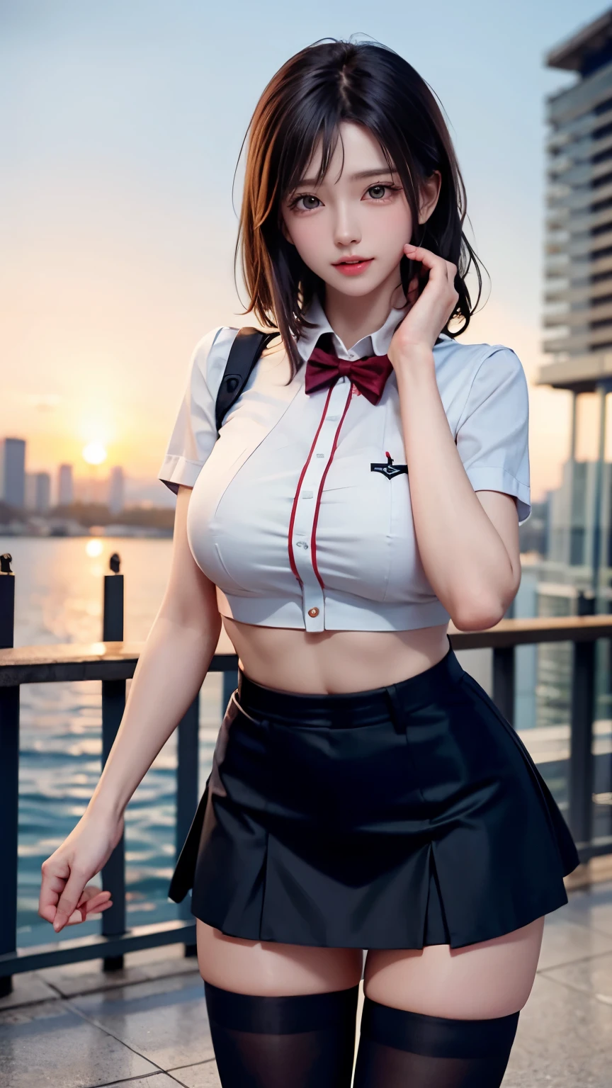 masterpiece, highest quality, High resolution, 8K, 1 girl, sl1, outfit1, alone, skirt, uniform, short hair, messy hair, Thighhighs, blush, sexy pose, big breasts, seductive pose, sweating, put your hand on your waist, sweating, skyscaper, cityscape, vivid details, super detail, realistic skin texture, Surface details, Beautiful eyes in every detail, medium full shot, sunset