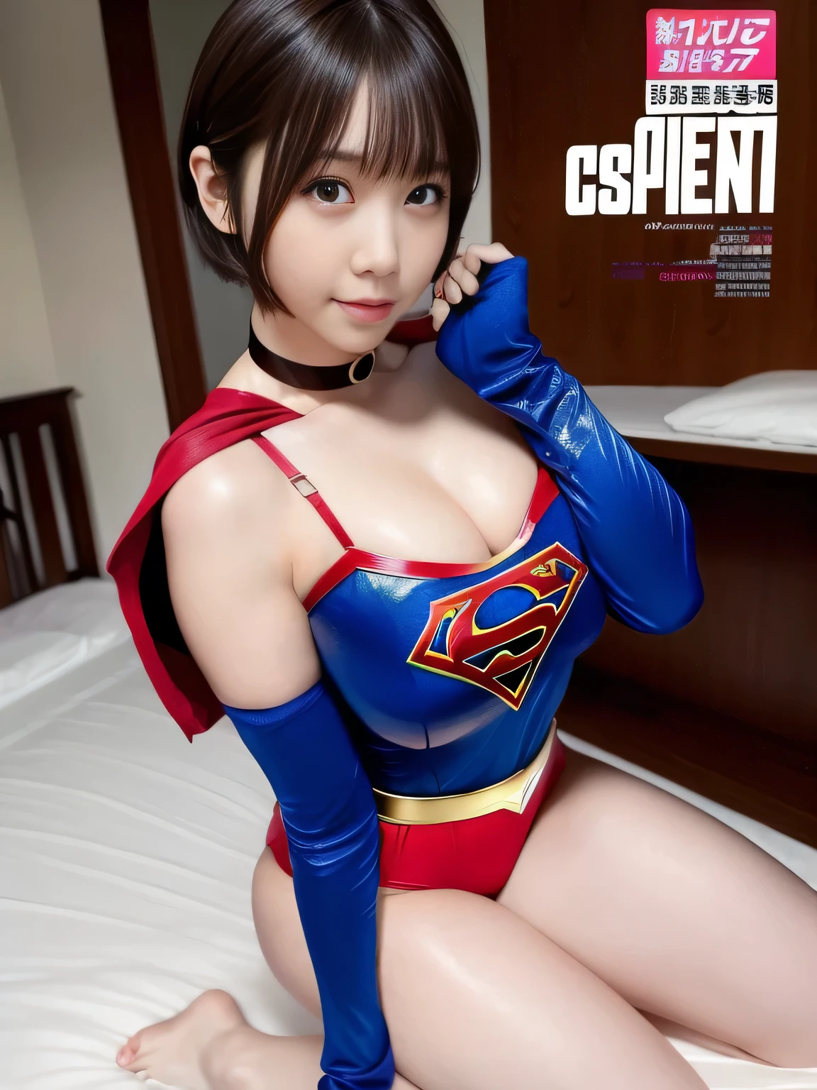 masterpiece、supergirl costume、short hair、barefoot、big and full breasts、health room、after masturbating in bed、sexy pose、athlete、shiny、looking at camera、Seduce、choker、long sleeve、red mini skirt、Weekly magazine cover、Sculpture Magazines、sweaty、radical、