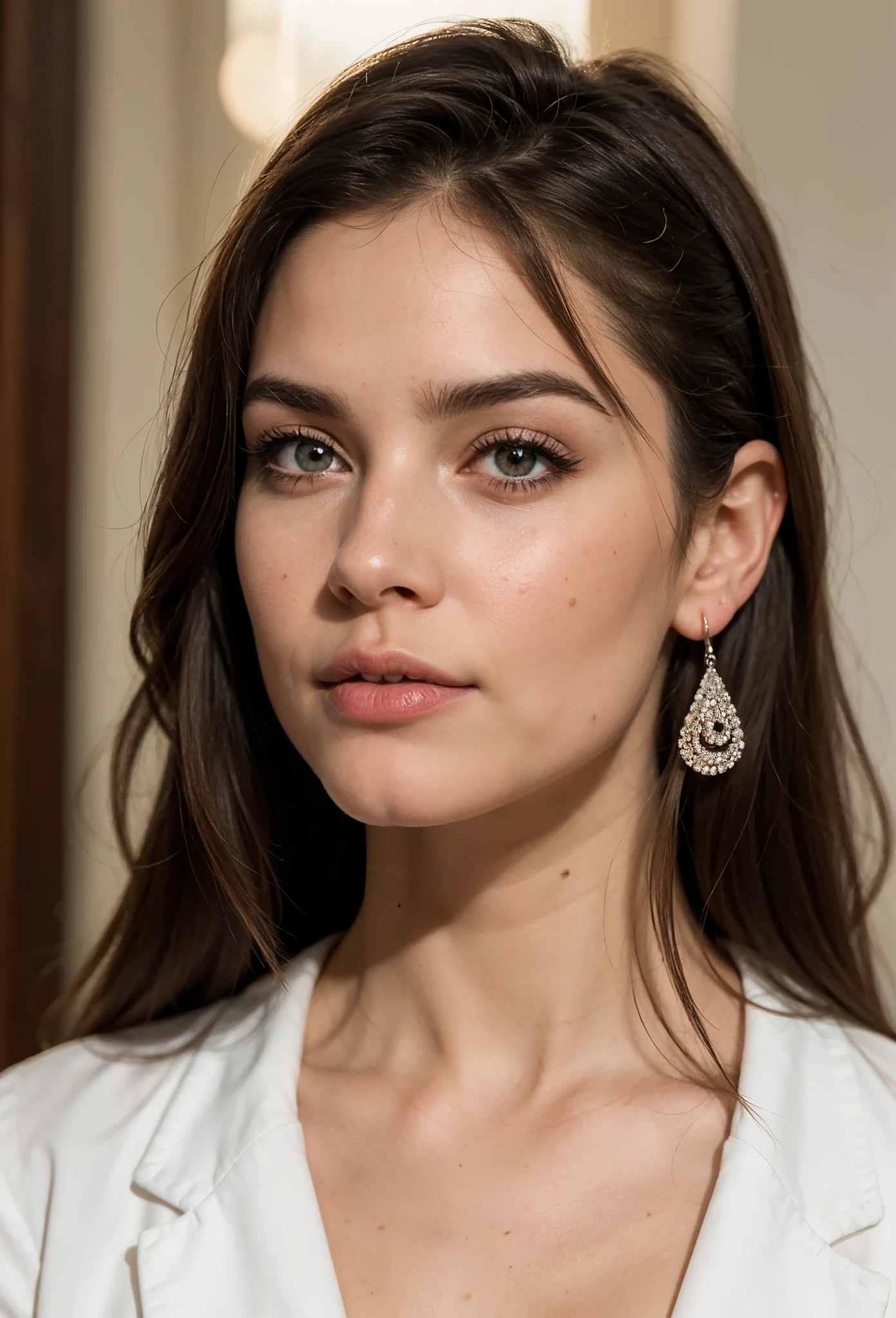 realistic woman brunette green natural eyes hair gathered in a bun with a cascade hairstyle regular facial features plump lips short nose looks like Anna Chipovskaya neckline earrings pearls standing next to Leonardo DiCaprio
