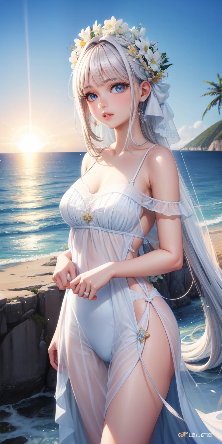 Light white hair, blunt bangs, asymmetrical hair, hair behind the ears, long hair, wavy hair, blue eyes, cat pupils, eyebrows behind hair, cat ears, severe, facial hair, UHD, anatomically correct, textured skin, high detail, 1080P, Japanese traditional clothing, sexy, exposed, big breasts, beach by the sea, the most beautiful pose