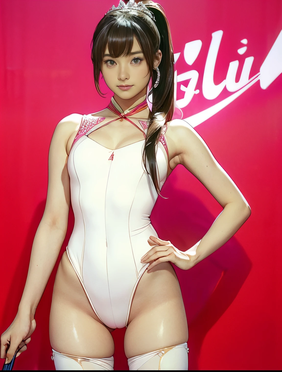 whole body、((beautiful girl、Cute type))、((Beautiful 14 year old girl))、 ((leotardsbeautiful girl：1.5))、((A beautiful girl wearing a three-coloRed leotard: Red, green, and white.))、((shouted in surprise))、((please open your eyes：1.5))、((from below：1.5))、Ultra-fine painting、((両脚を左右に開いてstand：1.8))、((Beautiful 14 year old girl))、((beautiful girl wearing a tiara))、((((baton twirl))))、((huge ))、open mouth、(Live shooting)、(masterpiece:1.4)、(best quality:1.4)、((stand))、((long hair ponytail))、((Have bangs：1.4))、((thin thighs：1.5))、Beautiful girl with a fuchsia Reddish choker around her neck、Delicate skin、Thigh clearance、((City))、[:(Face:1.2):0.2]、clavicle、((Hasselblad photos))、(((camel toe)))