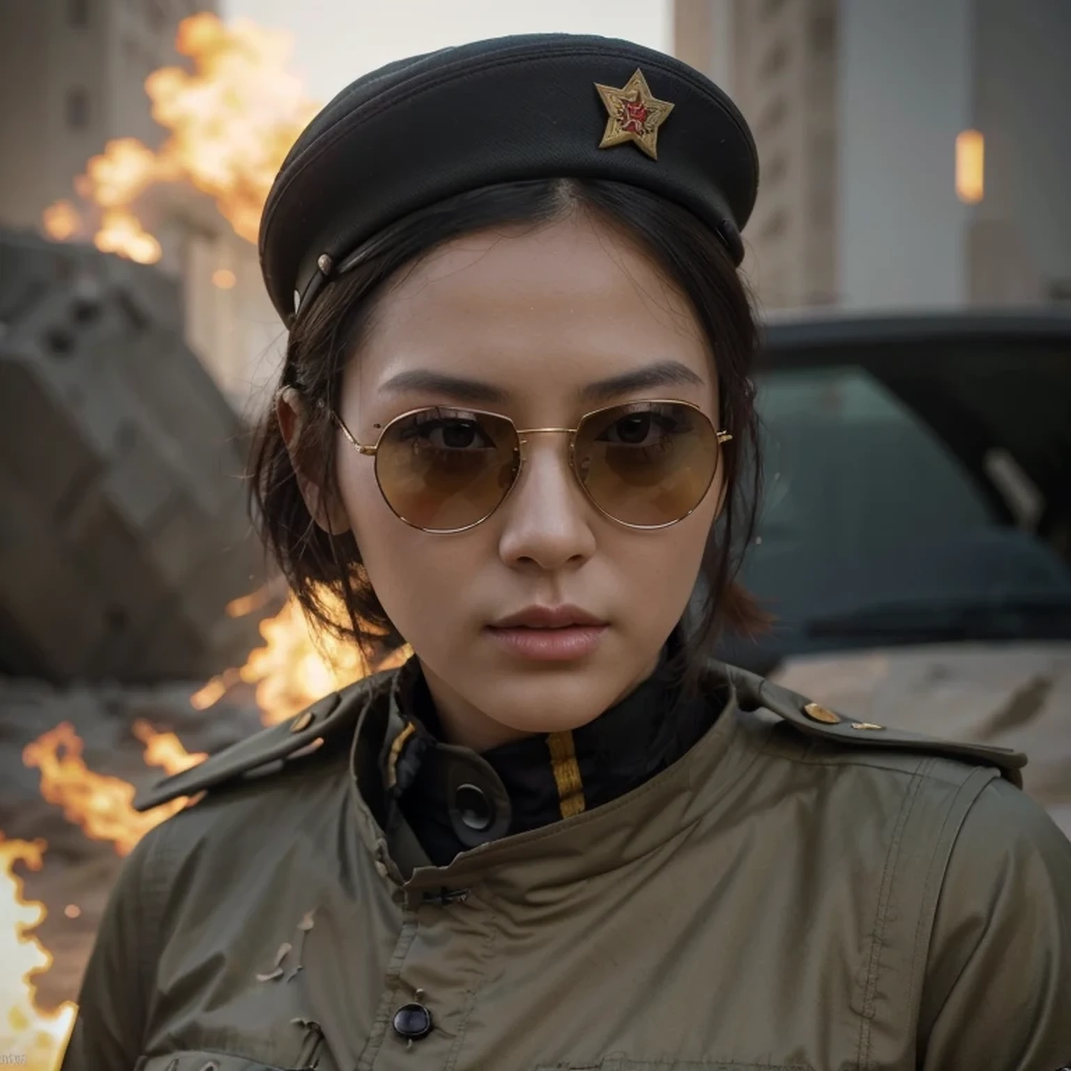 beautiful woman soldier, face of a beautiful Chinese woman, flirtatious expression, black hair short military style cut, sunglasses, Chinese style military cap, yellow Russian commander uniform, she is in the desert, nuclear explosion, a lot of fire , a lot of smoke, ultra Realistic, ultra detailed, hyper Realistic, 4k, ultra detailed image, Realistic, highly detailed, perfect composition, beautiful, Intricately detailed, incredibly detailed, 8 k artistic photography, hyper detailed, ultra Realistic masterpiece, ultra detailed, hyper Realistic, 4k, ultra detailed image, Realistic, highly detailed, perfect composition, beautiful, Intricately detailed, incredibly detailed, 8 k artistic photography, hyper detailed, masterpiece
