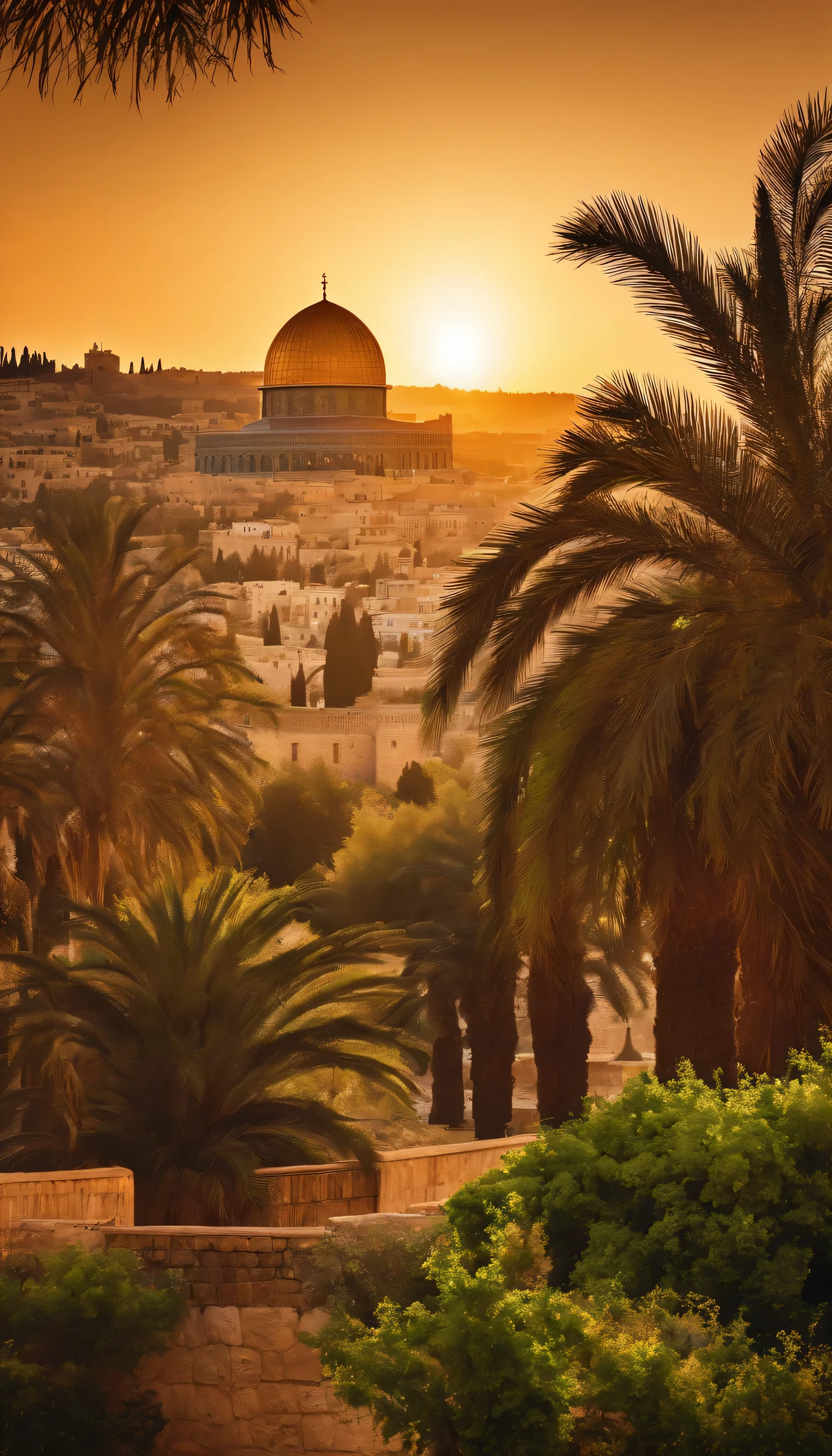 Israel City, jerusalem, palm tree, park, palm leaves, dome of rock, realistic, Beautifull sunrise