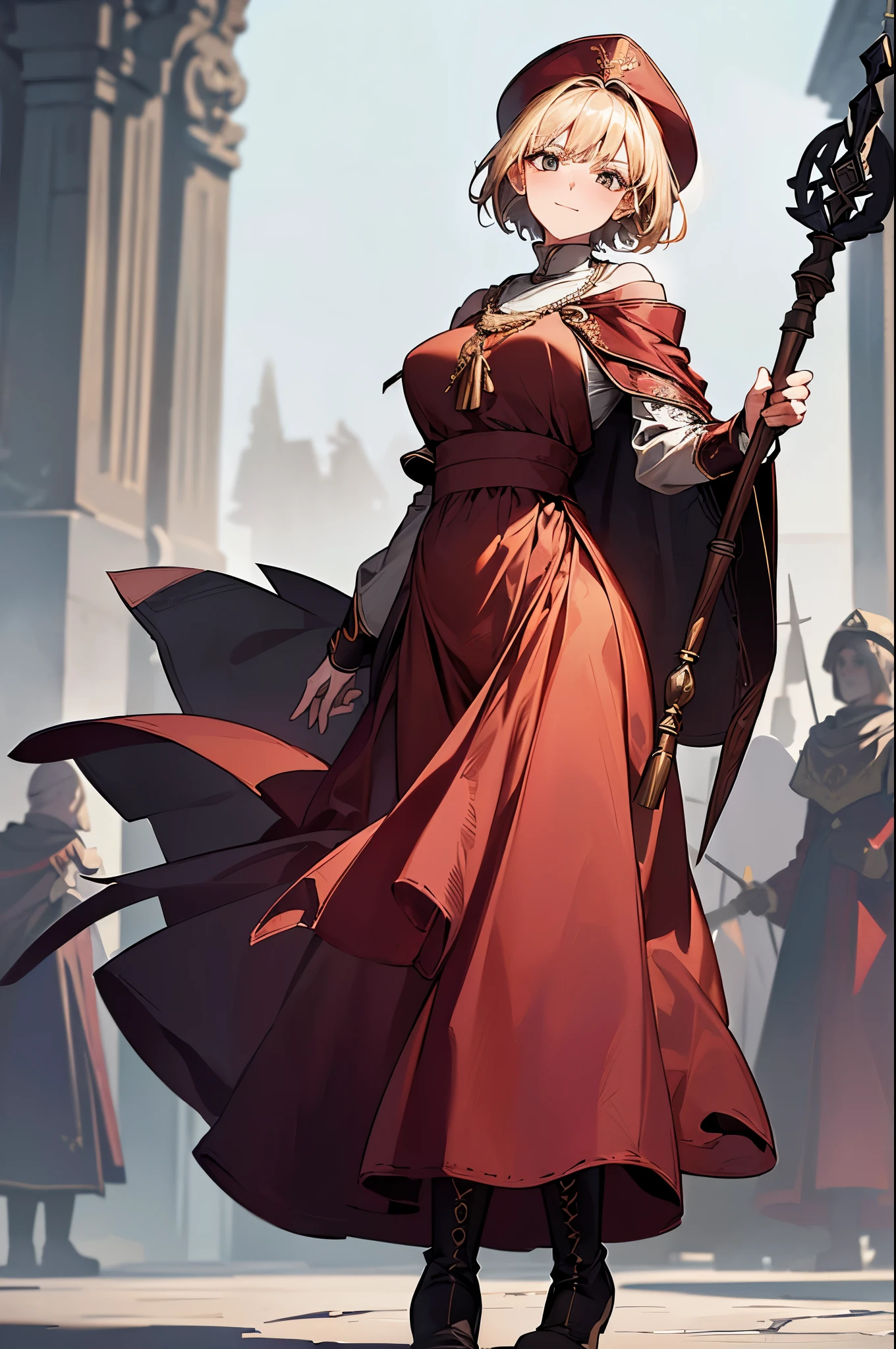 masterpiece, ultra detailed, 8k portrait, RAW photo, portrait photography, highly detailed face, beautiful and meticulous eyes, ((Fantasy)), Young beautiful, dynamic pose, kind face, smile, (((Blonde very short hair, bangs))), ((Priest)), wood necklace, clergy hat, (((long cloak))) fluttering in the wind, (((dark dull red oversized Priest tunic))), (((long skirt)), (((low boots))), ((holding long wood staff)), big shoulder bag, Midday Sun, hyper realistic, Body model, Big breasts, Beautiful breasts, Long legs, in the crowd, Ambient lighting, Shadow details , Camera focus on face, strong breeze, Light fog