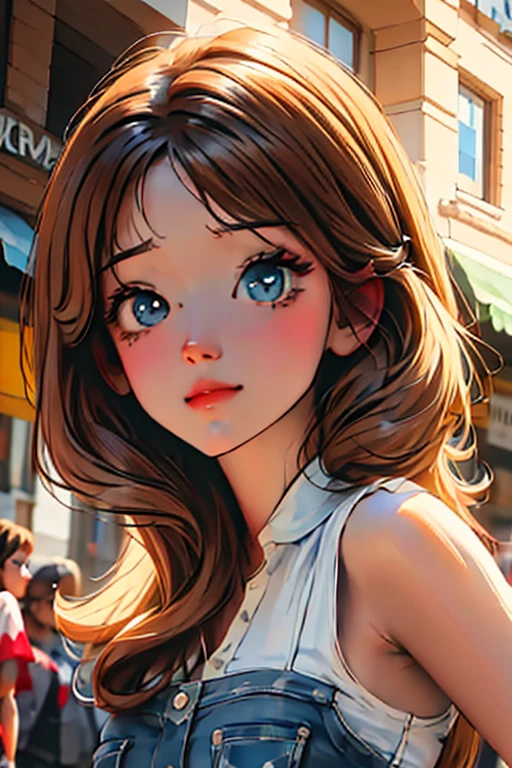 chica anime hermosa,(chica linda),ojos azules,(lindos ojos azules),cabello largo marron,(Long brown hair),de dia,(de dia en un centro comercial),(ropa de motociclista)