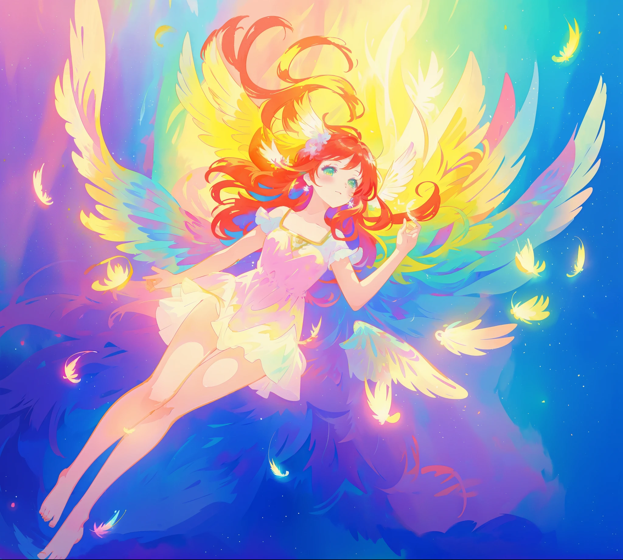 beautiful angel girl barefoot in shimmering puffy dress, ((colorful angel wings)), vibrant pastel colors, long flowing red hair, colorful fantasia background, watercolor illustration, disney art style, beautiful digital illustration, beautiful, masterpiece, best quality, anime disney style, beautiful face, ((rainbow angel feathers)), ((angel)), ((angel wings))