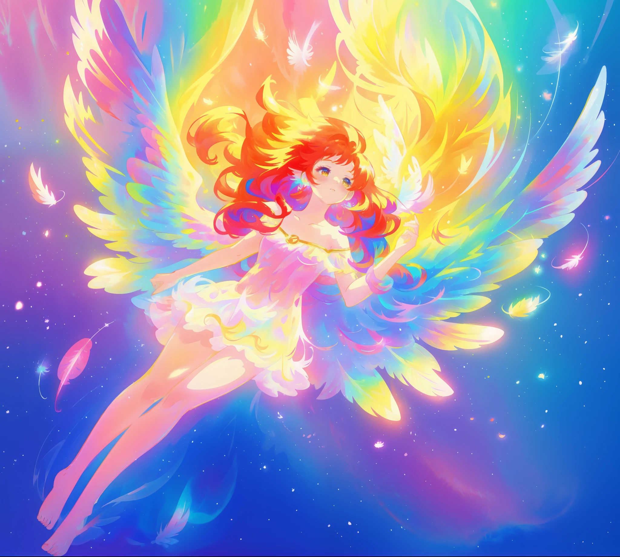 beautiful angel girl barefoot in shimmering puffy dress, ((colorful angel wings)), vibrant pastel colors, long flowing red hair, colorful fantasia background, watercolor illustration, disney art style, beautiful digital illustration, beautiful, masterpiece, best quality, anime disney style, beautiful face, ((rainbow angel feathers)), ((angel)), ((angel wings))