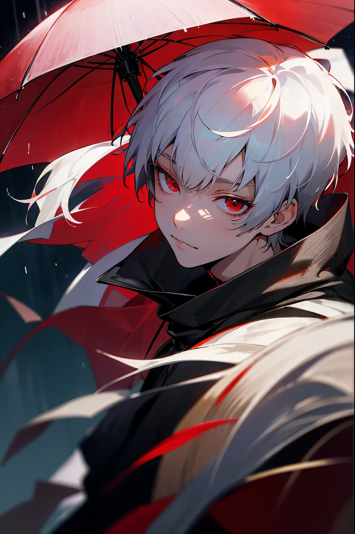 moon, highest quality, Learn more, mastery, 1 boy, kaneki ken, portrait, male focus, red eyes, alone, bangs, looking at the viewer, hood, short hair, rain, Tokyo Tokyo \(city\), hijab slut,nail polish,white hair,luxury,8K,detailed,ray tracing,Depth of bounds written,movie lighting,