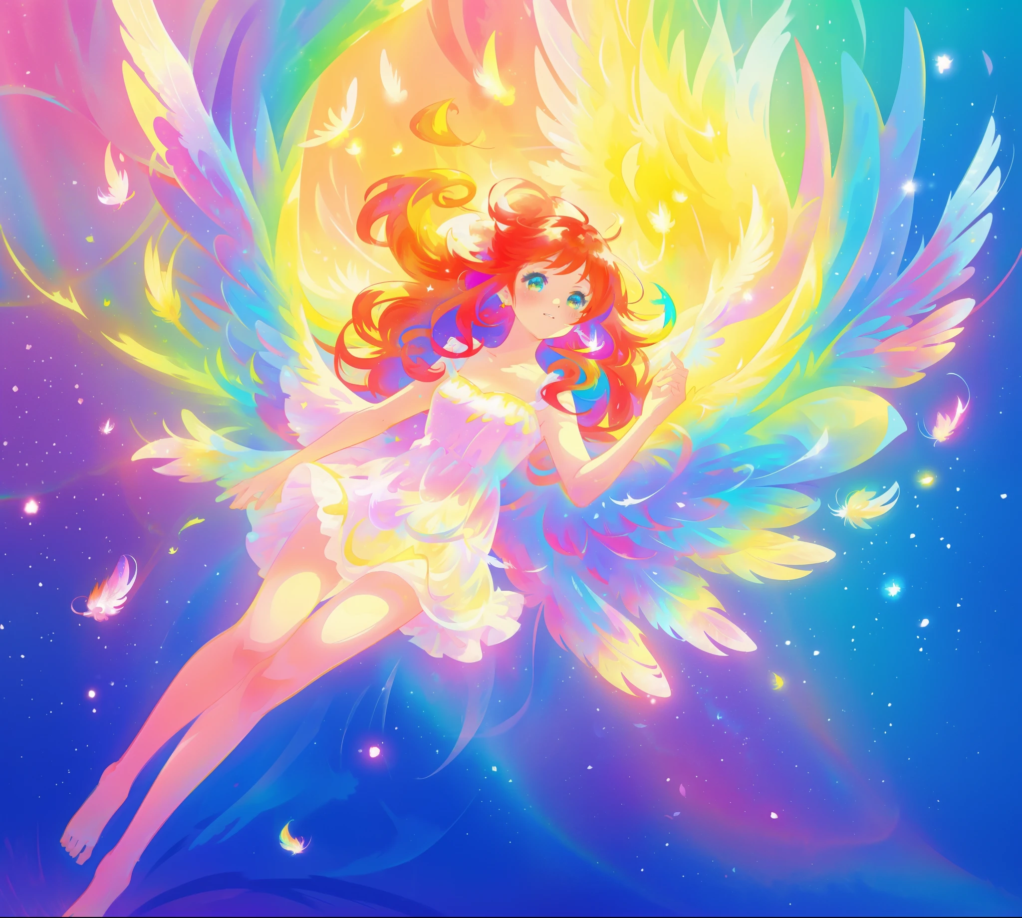 beautiful angel girl barefoot in shimmering puffy dress, ((colorful angel wings)), vibrant pastel colors, long flowing red hair, colorful fantasia background, watercolor illustration, disney art style, beautiful digital illustration, beautiful, masterpiece, best quality, anime disney style, beautiful face, ((rainbow angel feathers)), ((angel)), ((angel wings))