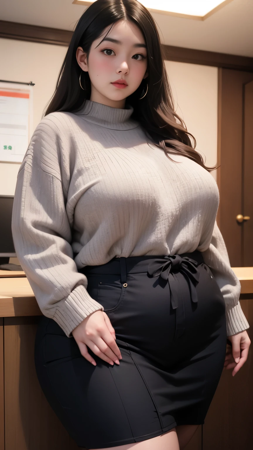 (Best quality,8k,ultra high res:1.2),(Pretty Japanese girl),(Huge breasts:0.8),(sweater), (thick thighs:0.9), (obese body), thight skirt