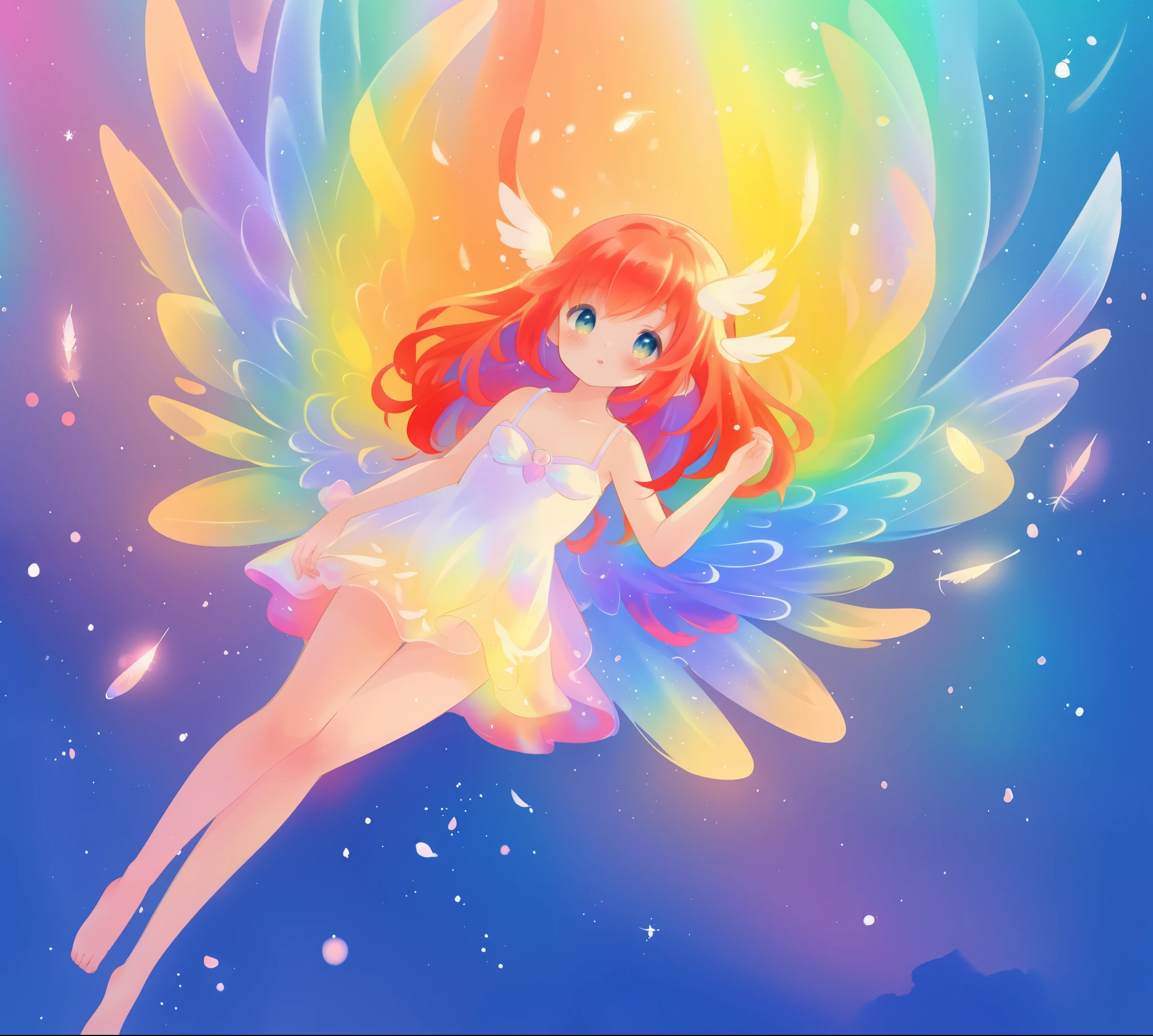 beautiful angel girl barefoot in shimmering puffy dress, ((colorful angel wings)), vibrant pastel colors, long flowing red hair, colorful fantasia background, watercolor illustration, disney art style, beautiful digital illustration, beautiful, masterpiece, best quality, anime disney style, beautiful face, ((rainbow angel feathers)), ((angel)), ((angel wings))