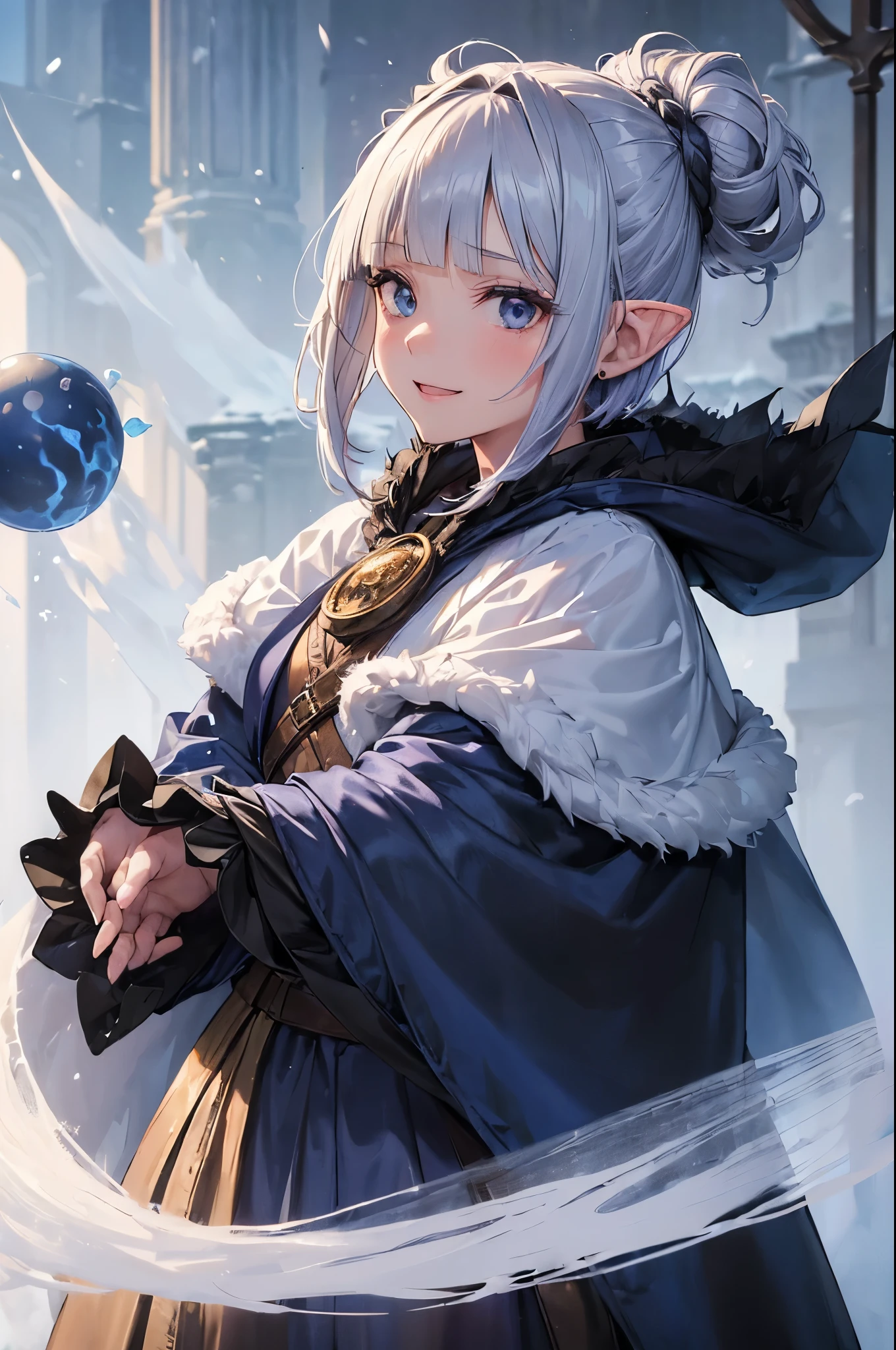 (((((girl))))), masterpiece, ultra detailed, 8K Portrait, Raw photo, woman's portrait photography, full body, Highly detailed face, mischievous childish smile, ((Fantasy)), (((hobbit))), ((Adult)), 45 years old, 110cm, (((ALCHEMIST))), ((tanned skin)), (((olive colored short bob topknot hair))), (((blunt bangs))), (((dark blue silk long Fluffy cloak))) Fluttering in the wind, (((white inner coat))), long skirt, leather gloves, Midday sun, Hyper realistic, Slender body, by the snowy castle, Ambient lighting, Shadow details, Camera focus on face, strong breeze, Light fog