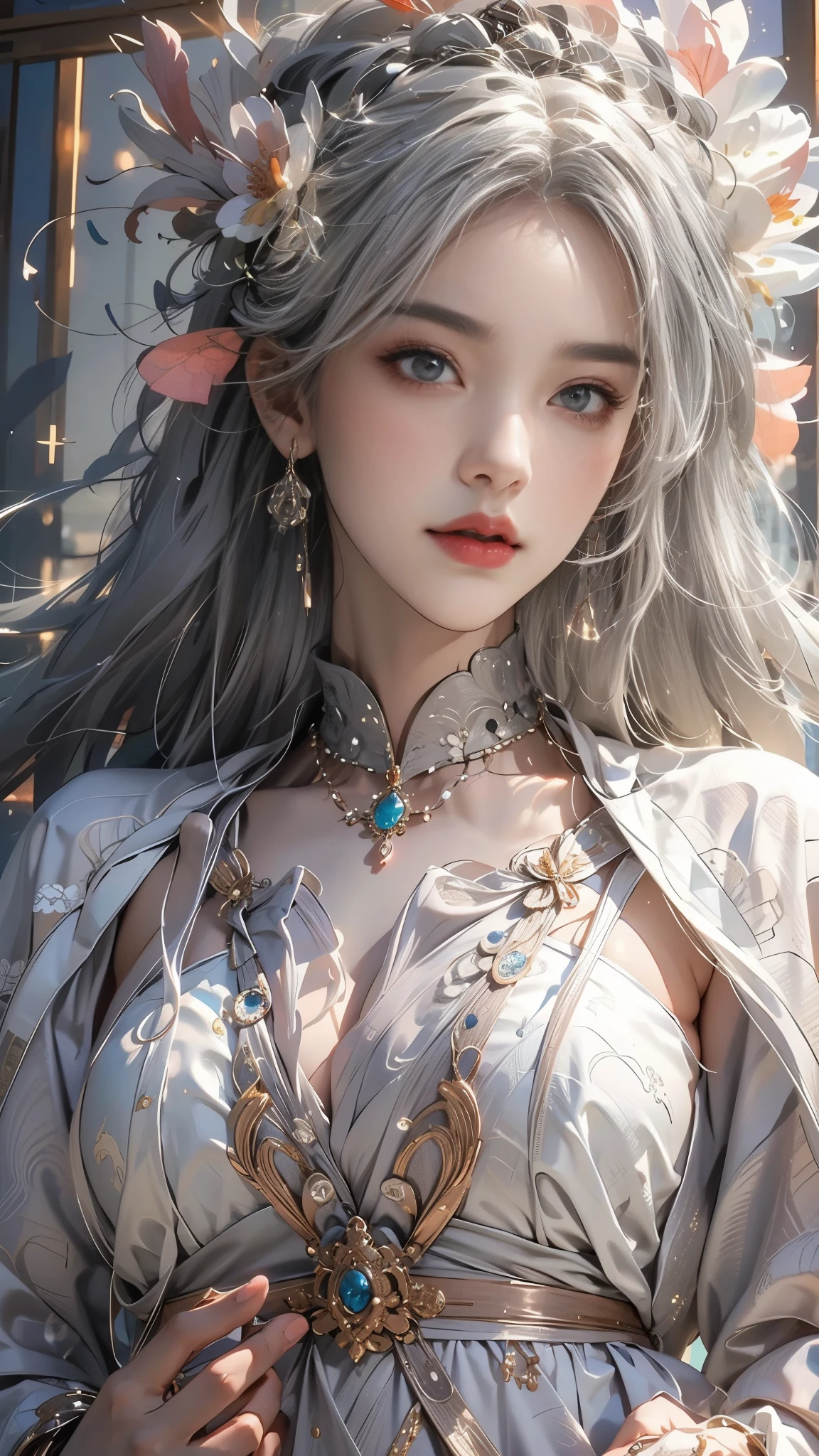 realistically, very high resolution, 1 female, solo,club,palace,Oriental Architecture Ray Tracing,{best quality},{ {masterpiece}},Extremely detailed 8K wallpapers,{extremely delicate and beautiful},intricate details,逼real,ohoh, ohoh, ohoh, oh, real,camera quality,(clothing details),Cool white skin,(Apply blush carefully),1080P,butt lift, (Detailed faces), a cold face,white hair, medium breasts, long gray hair, Sword repair,white robe,oversize clothes, jewelry,smooth light silver hair,Messy beauty,light,Smooth and silky skin,masterpiece,best quality,The illustrations are super detailed,beautiful eyes,Very detailed 8k CG wallpaper,peach blossom eyes,一个extremely delicate and beautiful的女孩,8k wallpaper,best quality,Full body close-up,((Details on hand))