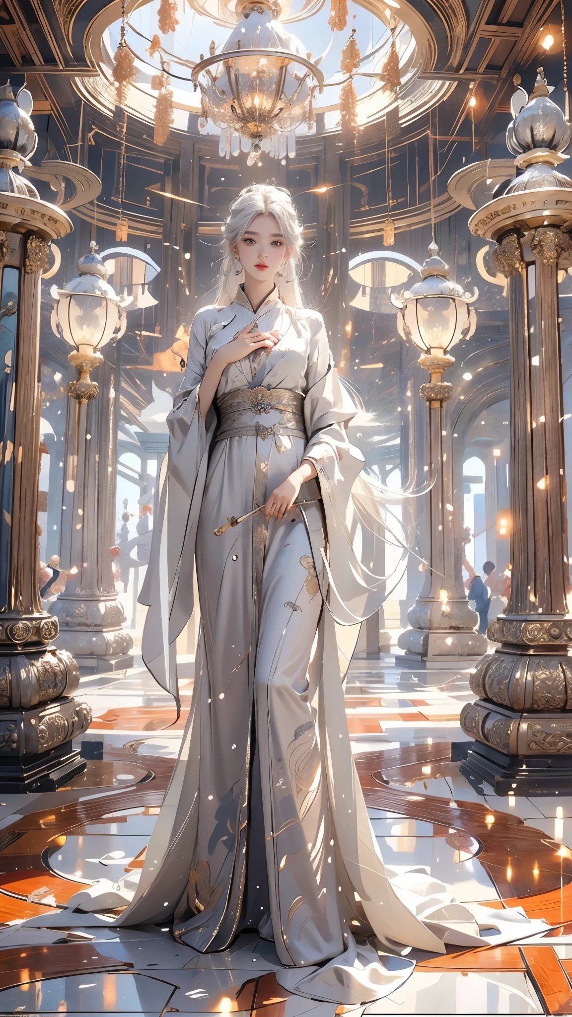 realistically, very high resolution, 1 female, solo,club，palace，Oriental Architecture Ray Tracing，{best quality}，{ {masterpiece}}，Extremely detailed 8K wallpapers，{extremely delicate and beautiful}，intricate details，逼real，ohoh, ohoh, ohoh, oh, real，camera quality，（clothing details），Cool white skin，（Apply blush carefully）,1080P，butt lift,  (Detailed faces), a cold face，white hair, medium breasts, long gray hair, Sword repair，white robe,oversize clothes, jewelry，smooth light silver hair，Messy beauty，light，Smooth and silky skin，masterpiece，best quality，The illustrations are super detailed，beautiful eyes，Very detailed 8k CG wallpaper，peach blossom eyes，一个extremely delicate and beautiful的女孩，8k wallpaper，best quality，Full body close-up，((Details on hand))