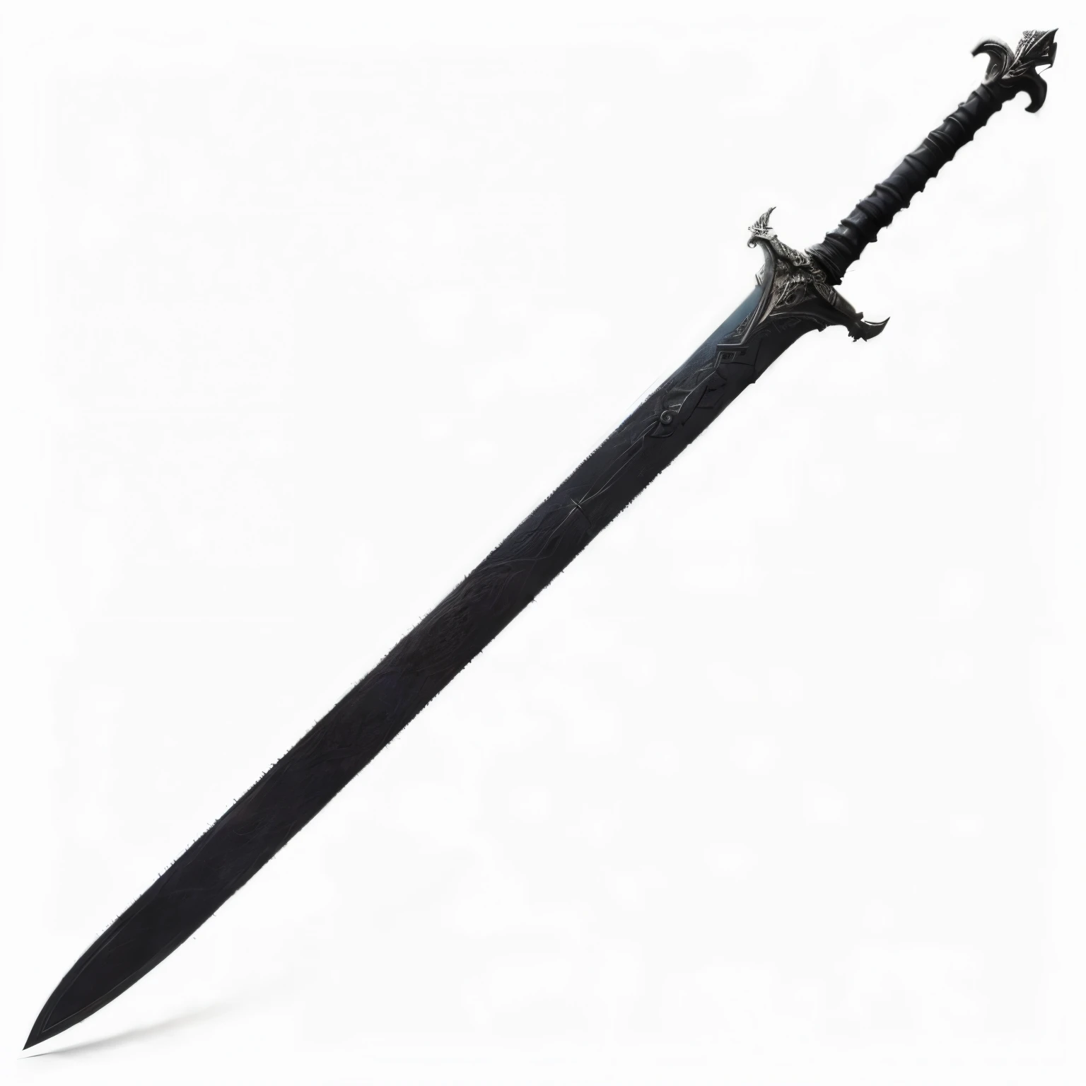 renaissance style, UHD, perfect composition, ((Extremely realistic)) ((Extremely detailed)) ((anatomically correct)) (Ominous) Black bastard sword with leather grip, greg rutkowski, Robert Oxley, concept art, vfx, intricate, high detail, 8k resolution, hyperrealistic, chiaroscuro, full body shot, complex, textured, trending on /r/art, anatomically correct, octane render, fantasy, medieval, very beautiful, atmospheric perspective, hard lighting, epic, powerful, rule of thirds, -ar 16:9, -stylize 60000, -quality 5`