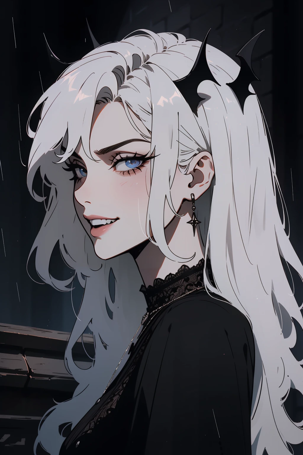 (outside, scary castle, raining, evening, soft light, dim lit, moody vibe, horror \(theme\), ), (insanely detailed, beautiful detailed face, masterpiece, best quality), 1girl, succubus, demon girl, mature female, black hair, pink eyes, grin, smirk, demon horns, black tail, black demon wings, whole body, walking on the ground, backwards, looking back