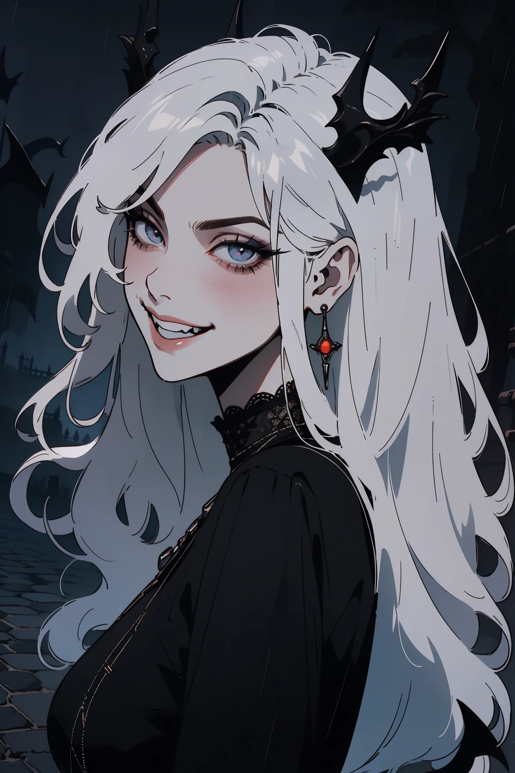 (outside, scary castle, raining, evening, soft light, dim lit, moody vibe, horror \(theme\), ), (insanely detailed, beautiful detailed face, masterpiece, best quality), 1girl, succubus, demon girl, mature female, white hair, pink eyes, grin, smirk, demon horns, black tail, black demon wings, whole body, walking on the ground, backwards, looking back