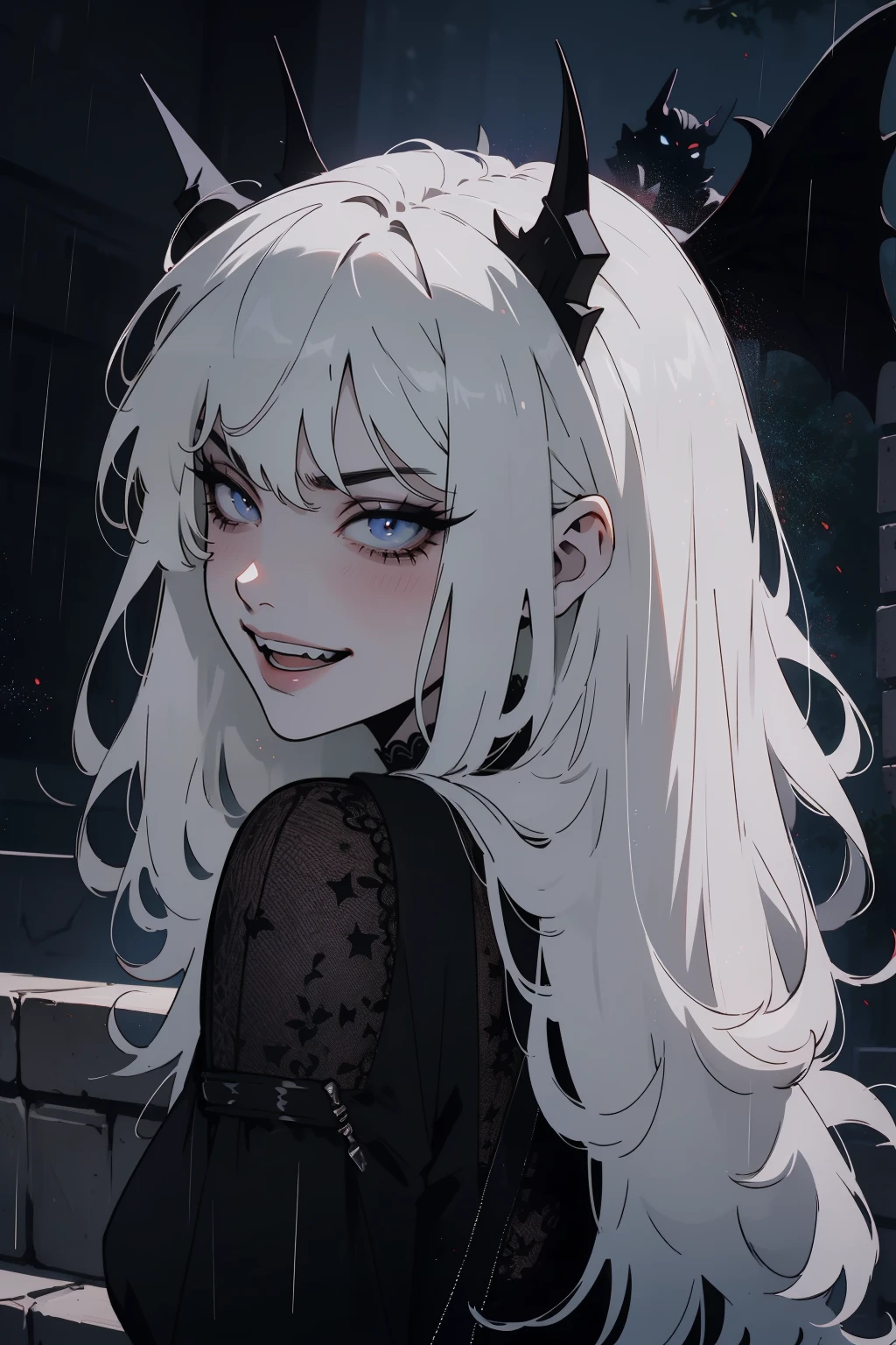(outside, scary castle, raining, evening, soft light, dim lit, moody vibe, horror \(theme\), ), (insanely detailed, beautiful detailed face, masterpiece, best quality), 1girl, succubus, demon girl, mature female, black hair, pink eyes, grin, smirk, demon horns, black tail, black demon wings, whole body, walking on the ground, backwards, looking back