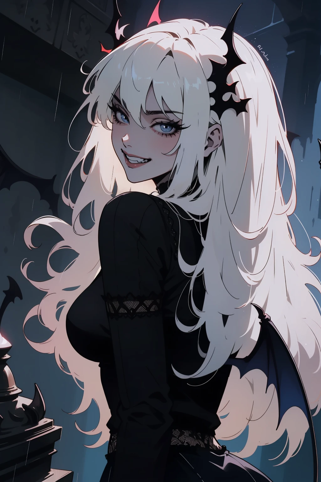 (outside, scary castle, raining, evening, soft light, dim lit, moody vibe, horror \(theme\), ), (insanely detailed, beautiful detailed face, masterpiece, best quality), 1girl, succubus, demon girl, mature female, black hair, pink eyes, grin, smirk, demon horns, black tail, black demon wings, whole body, walking on the ground, backwards, looking back