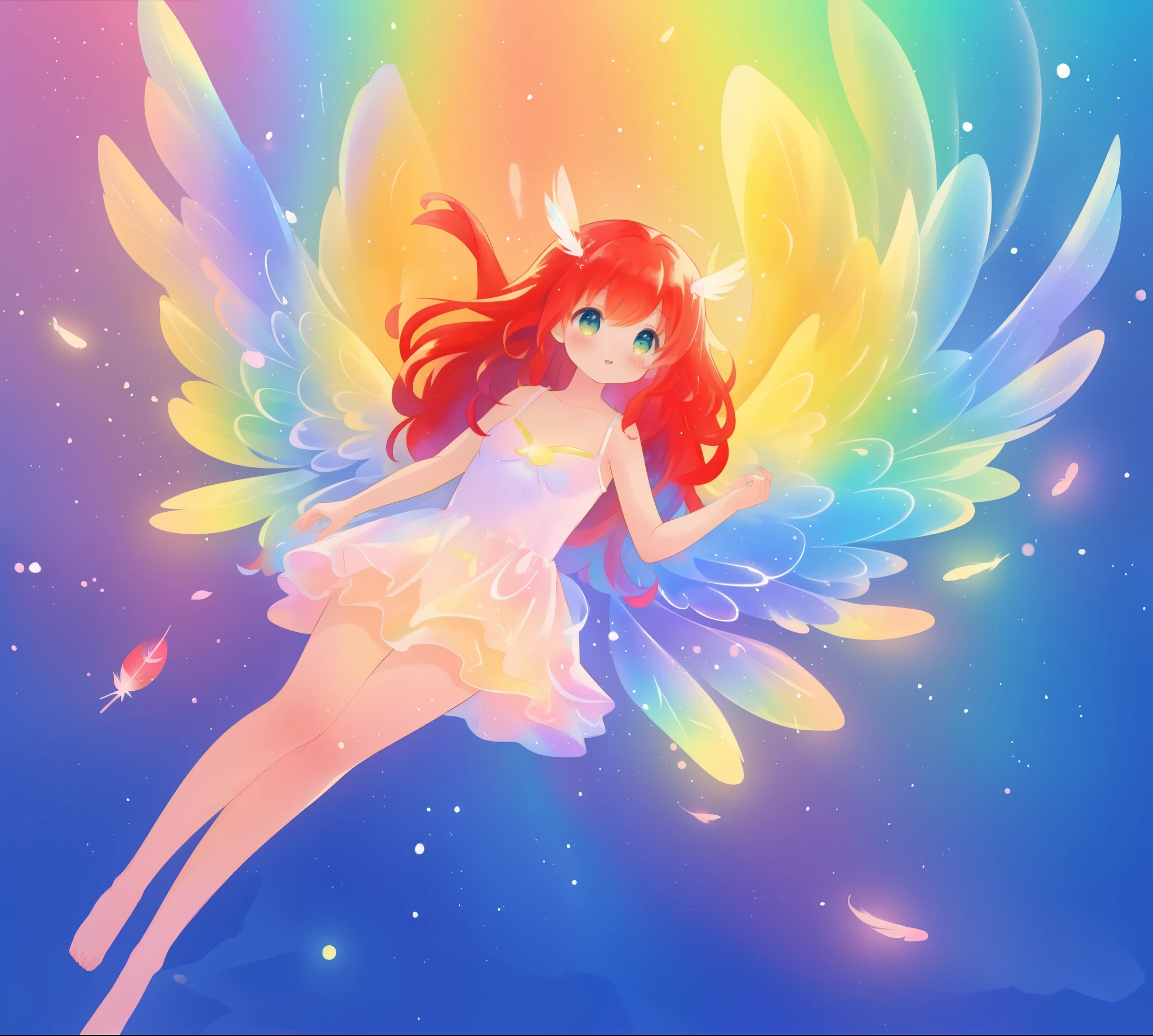 beautiful angel girl barefoot in shimmering puffy dress, ((colorful angel wings)), vibrant pastel colors, long flowing red hair, colorful fantasia background, watercolor illustration, disney art style, beautiful digital illustration, beautiful, masterpiece, best quality, anime disney style, beautiful face, ((rainbow angel feathers)), ((angel)), ((angel wings))