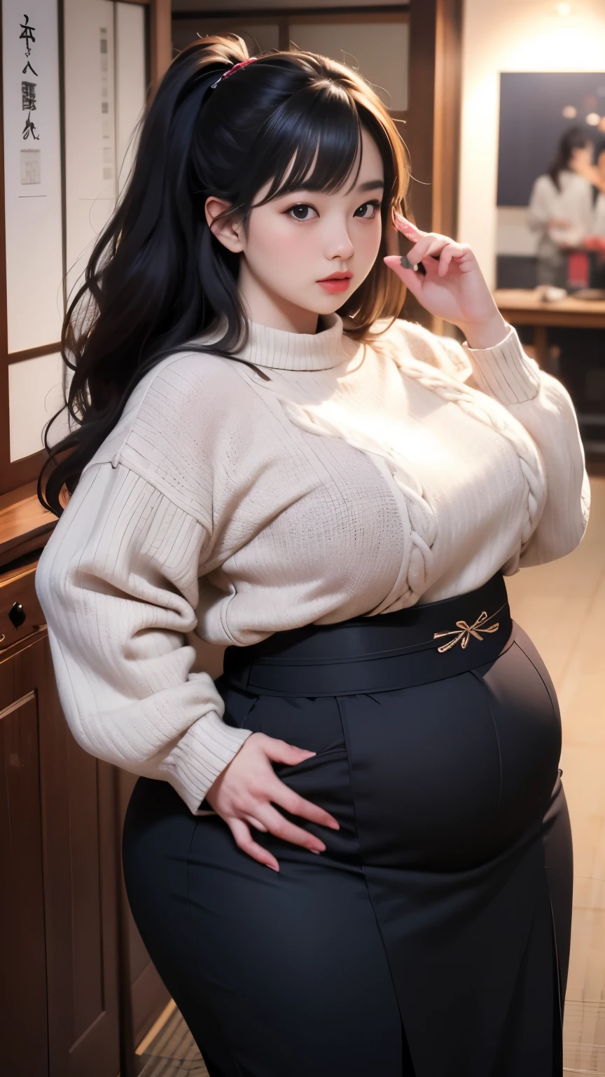 (Best quality,8k,ultra high res:1.2),(Pretty european Japanese girl),(Huge breasts:0.8),(sweater), (thick thighs:0.9), (obese body), fat cheeks 