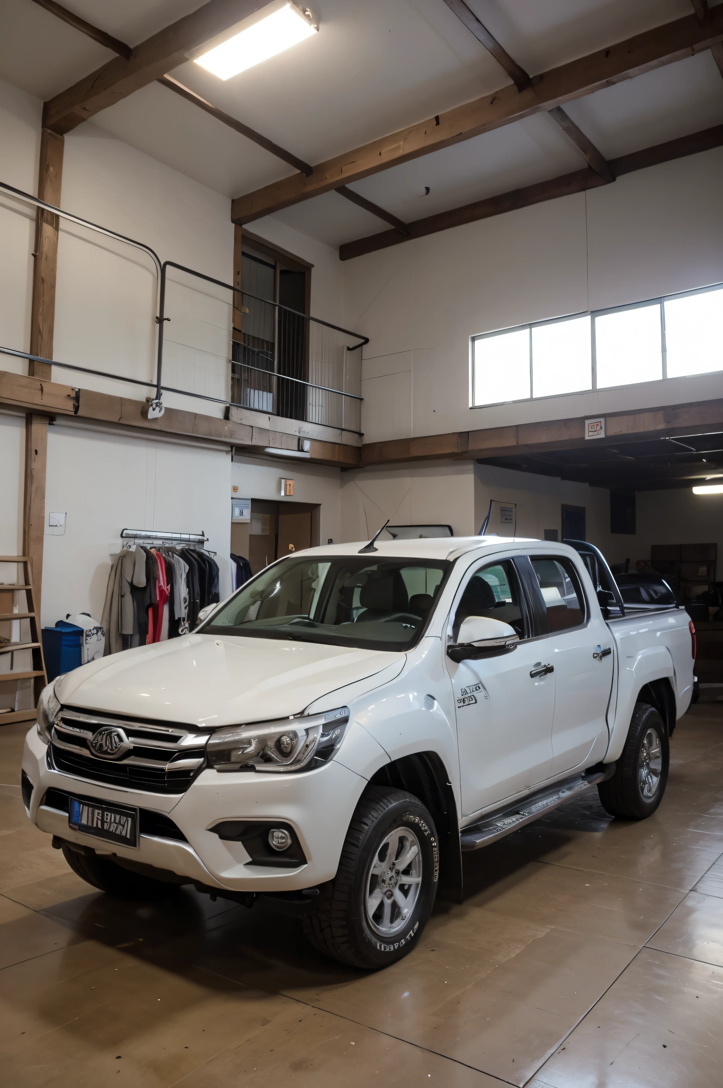 ((Mejor calidad)), ((obra maestra)), (detallado), un auto hilux blanca en una casa en garaje de un millonario muy bonito de un emprendedor de hotmart