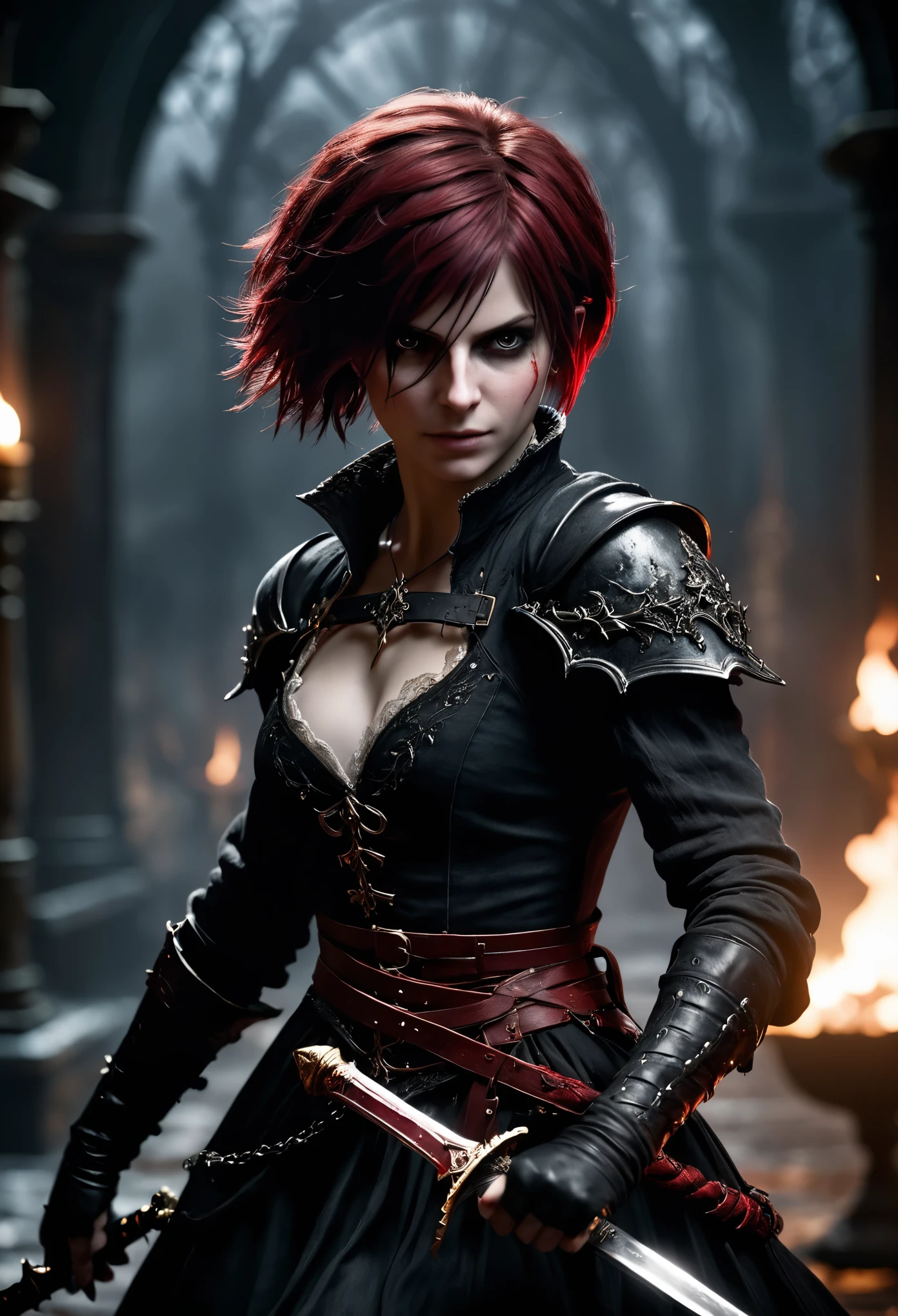 photo shot on Nikon D850, Bloodborne ~ Dark Souls 3 ~ Elden Ring ~ ultra detailed gorgeous woman with short black-red colored hair, extremely sexy, dancing with a sword, in a world of black and red, dark gloomy antique atmosphere, cinematic, blushing, teasing, Alluring. highly stylized. depth of field, bokeh effect, backlit, stylish, elegant, breathtaking, visually rich, masterpiece, full body shot.