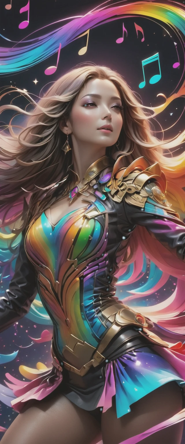 musical notes in the air. sound waves. woman exuding elegance,  3/4 length portrait, inspired by Electric Expressionism with swirls, embodied within electric artistry, music notes.  symphony, ultra fine