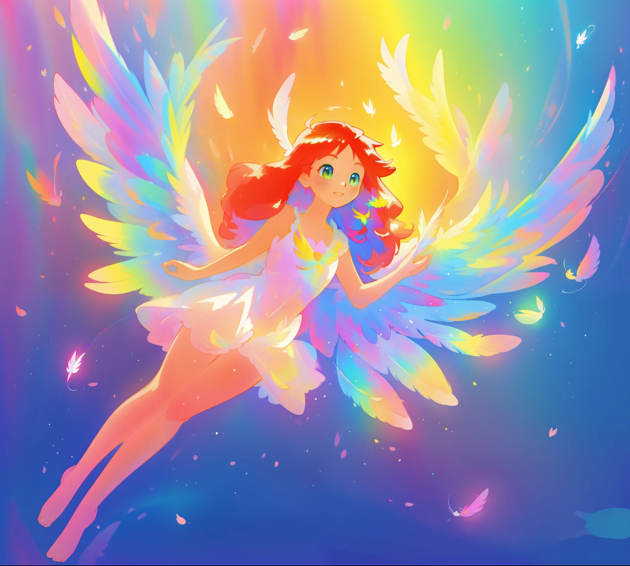 beautiful angel girl barefoot in shimmering puffy dress, ((colorful angel wings)), vibrant pastel colors, long flowing red hair, colorful fantasia background, watercolor illustration, disney art style, beautiful digital illustration, beautiful, masterpiece, best quality, anime disney style, beautiful face, ((rainbow angel feathers)), ((angel)), ((angel wings))