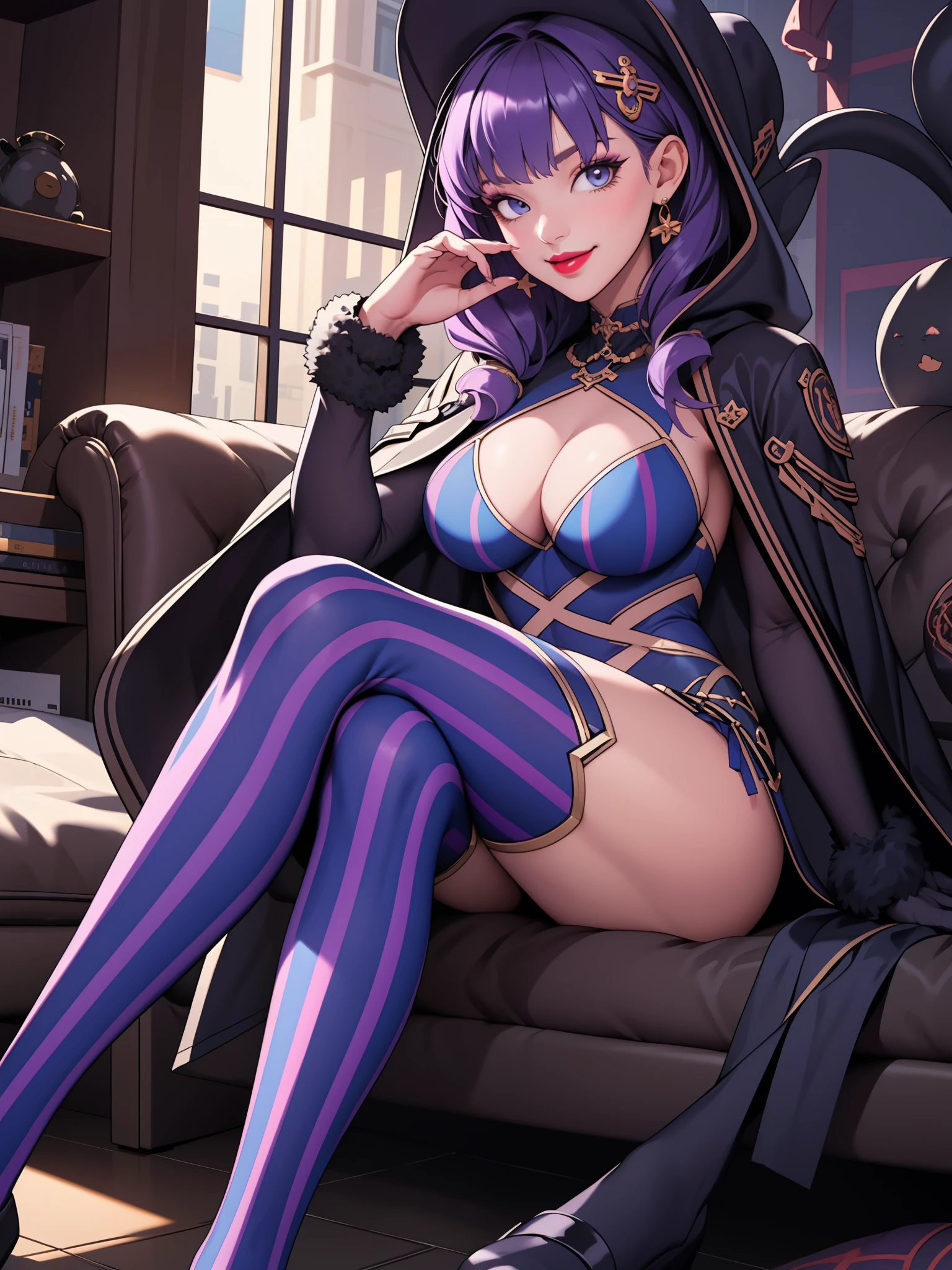 perfect eyes:1.2, detailed eyes:1.4, realistic:1.4, hair, bags under eyes, smirk, purple hair, hair over shoulder, robe, cape, fringe, tentacles, argyle, checkered, clothing cutout, stripedthighhighs, black and blue vertical striped thighhighs, makeup, lipstick, hood up, cleavage, sitting, 1girl, solo, (masterpiece:1.6, best quality),