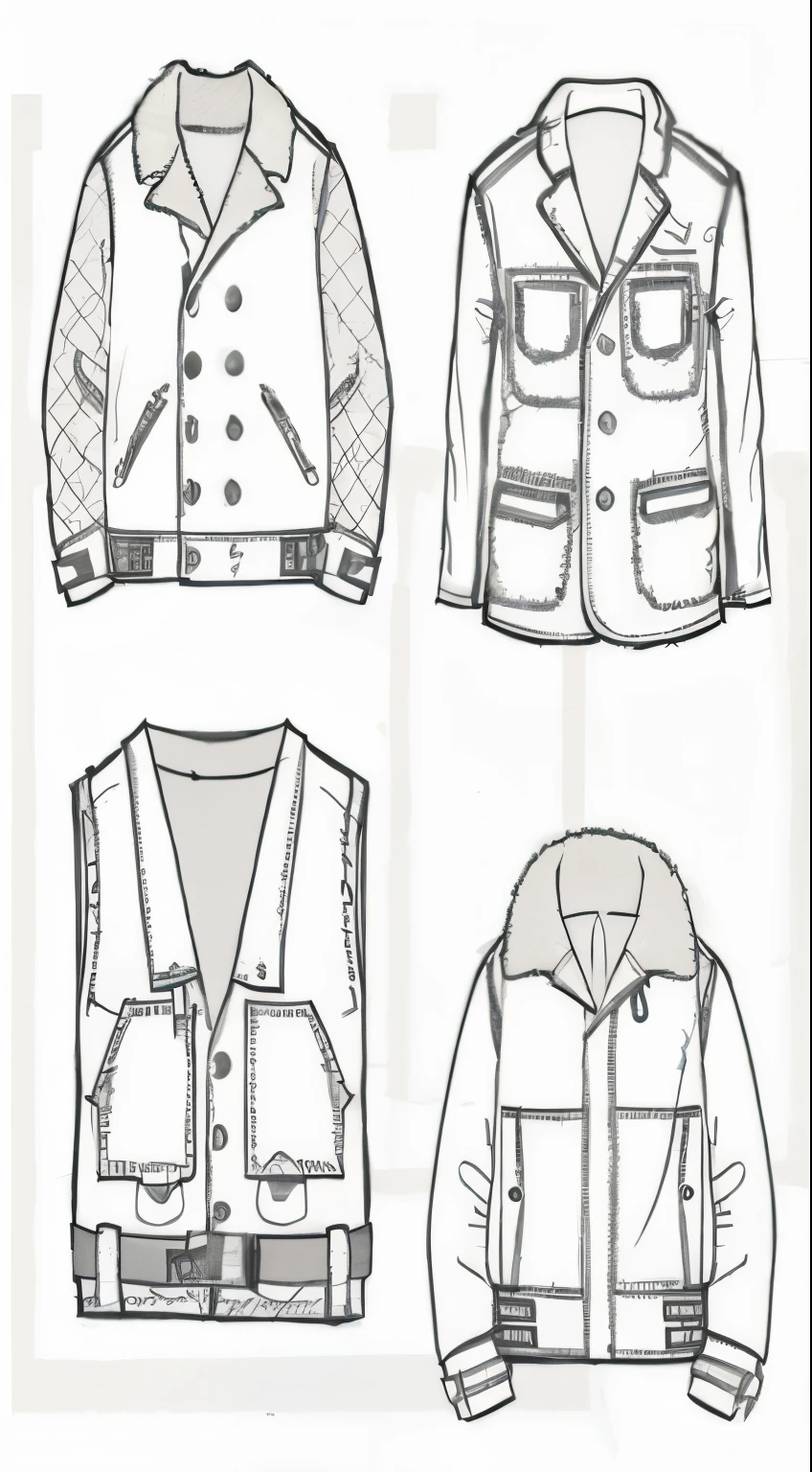 Line drawings of four different jackets with different pockets, Detailed clothes, High detail of clothing, 细致的clothing, clothing设计, Very detailed and rich costumes, fashion reference sheet, clothes high detail, high quality sketch, Technical drawings, clothing, Various styles, 详细Technical drawings, 高细节clothing, technical sketch, highly 细致的clothing, traditional style, clothing概念 拉链设计