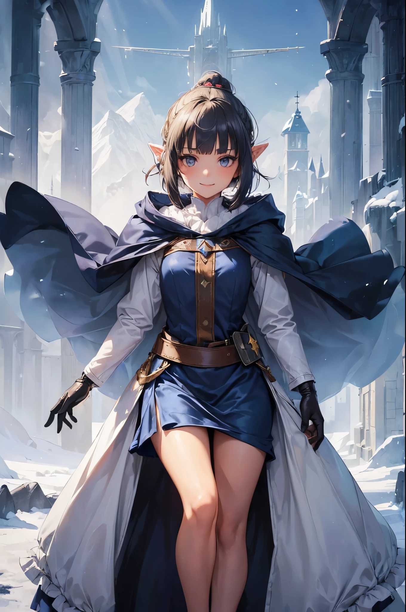 (((((girl))))), masterpiece, ultra detailed, 8K Portrait, Raw photo, woman's portrait photography, full body, Highly detailed face, mischievous childish smile, ((Fantasy)), (((hobbit))), ((Adult)), 45 years old, 110cm, (((ALCHEMIST))), ((tanned skin)), (((olive colored short bob topknot hair))), (((blunt bangs))), (((dark blue silk long Fluffy cloak))) Fluttering in the wind, (((white inner coat))), long skirt, leather gloves, Midday sun, Hyper realistic, Slender body, by the snowy castle, Ambient lighting, Shadow details, Camera focus on face, strong breeze, Light fog
